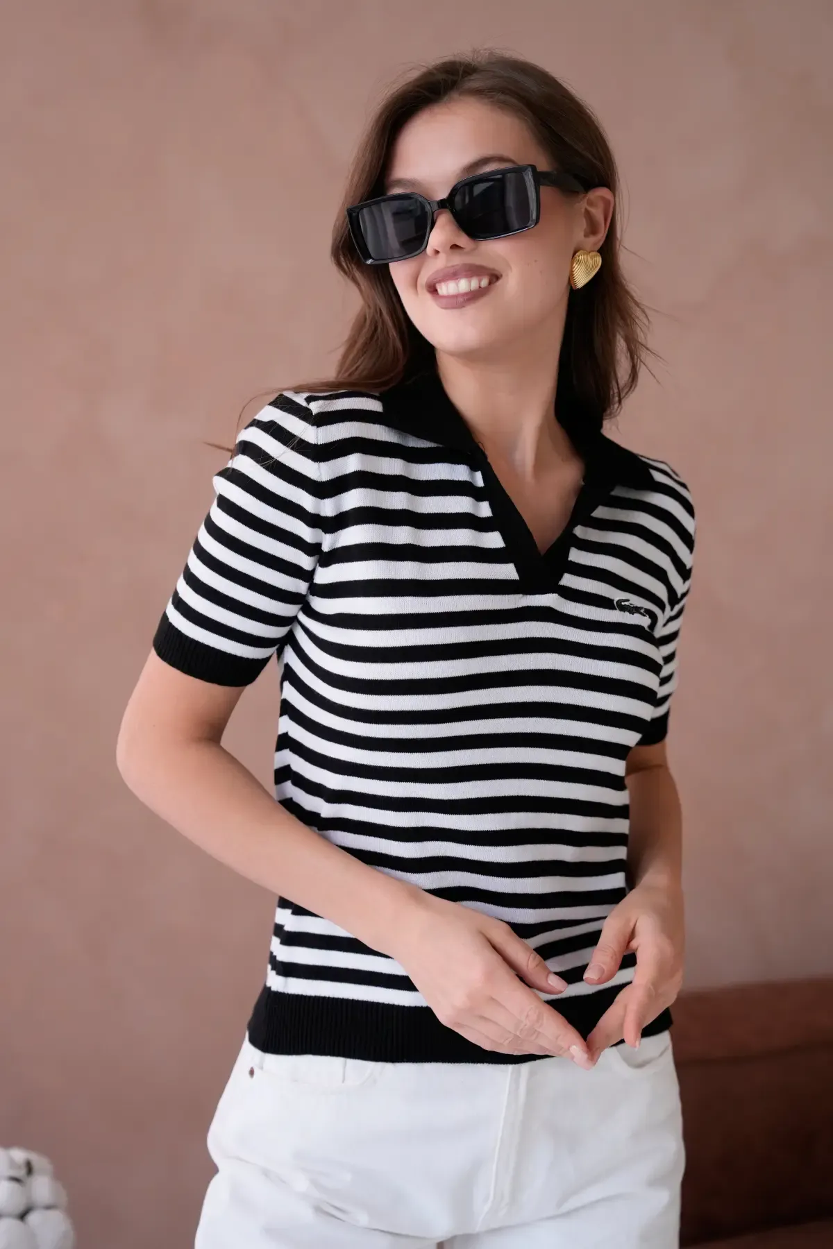 Kadın Polo Yaka Kısa Kol Çizgili Triko Kazak 10050.Ctn