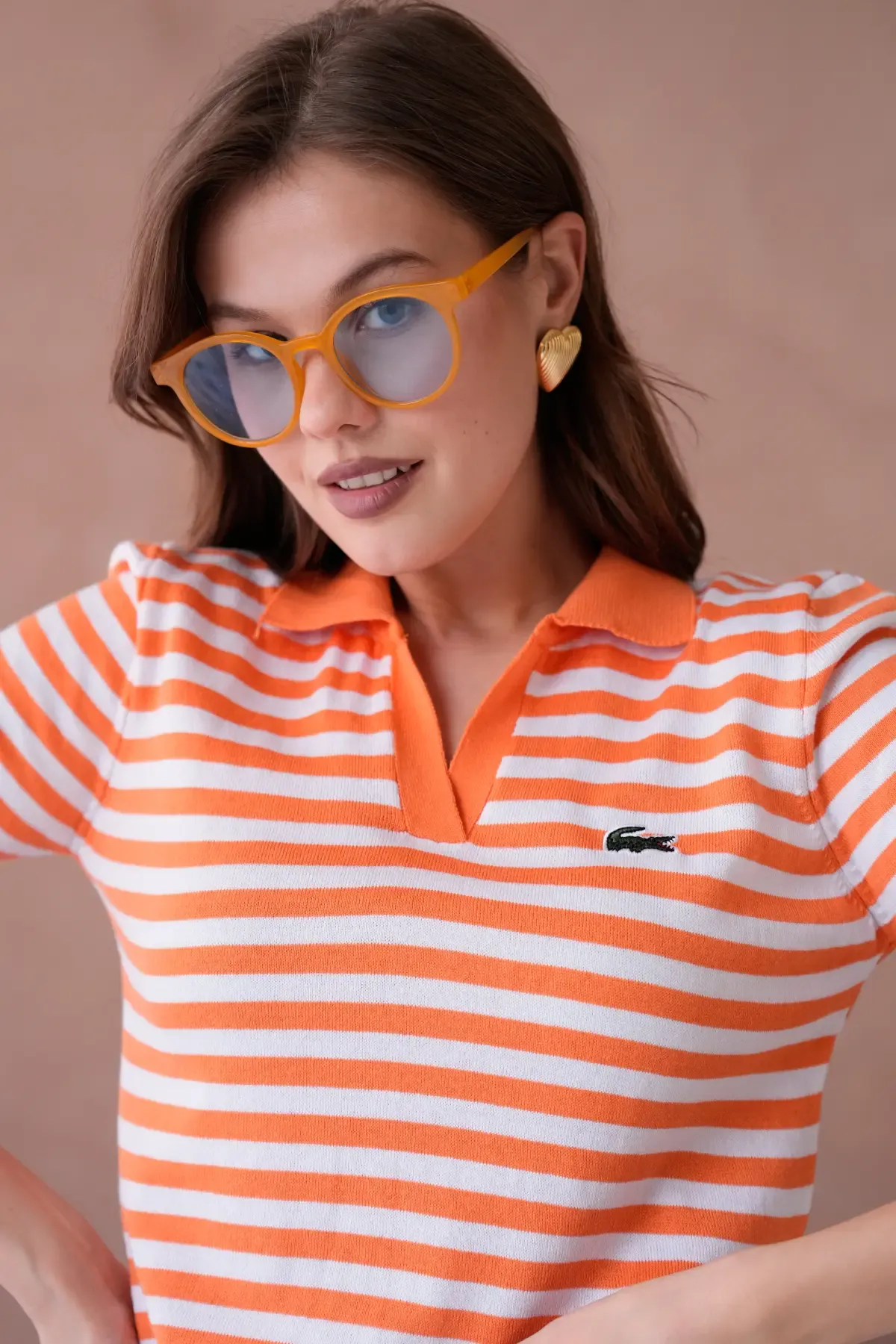 Kadın Polo Yaka Kısa Kol Çizgili Triko Kazak 10050.Ctn