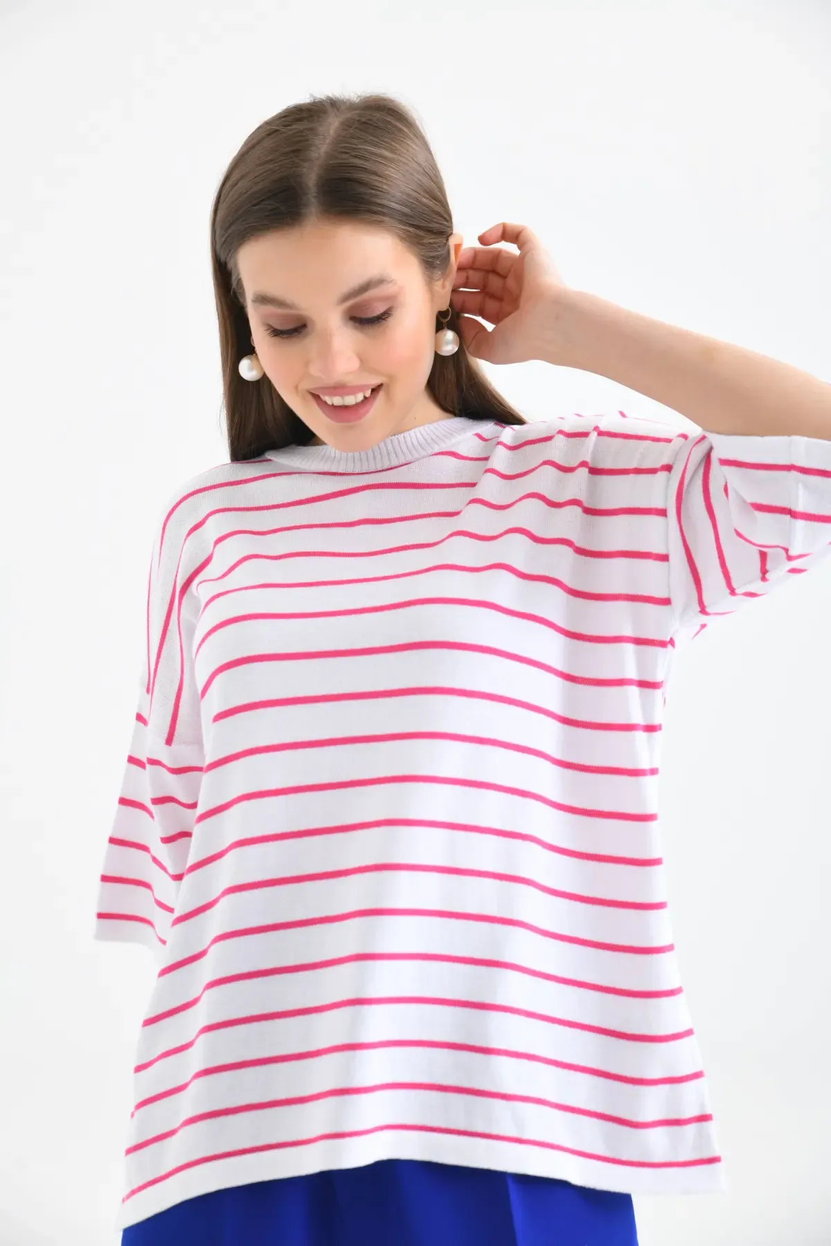 Kadın Polo Yaka Kısa Kol Çizgili Triko Kazak 10052.Ctn