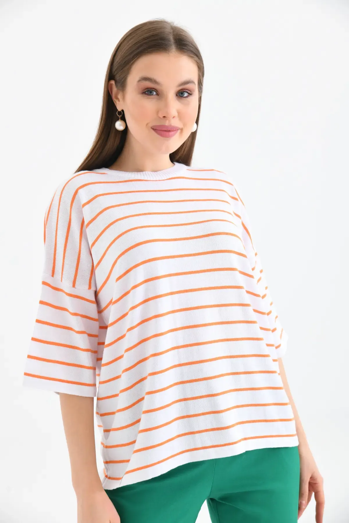 Kadın Polo Yaka Kısa Kol Çizgili Triko Kazak 10052.Ctn