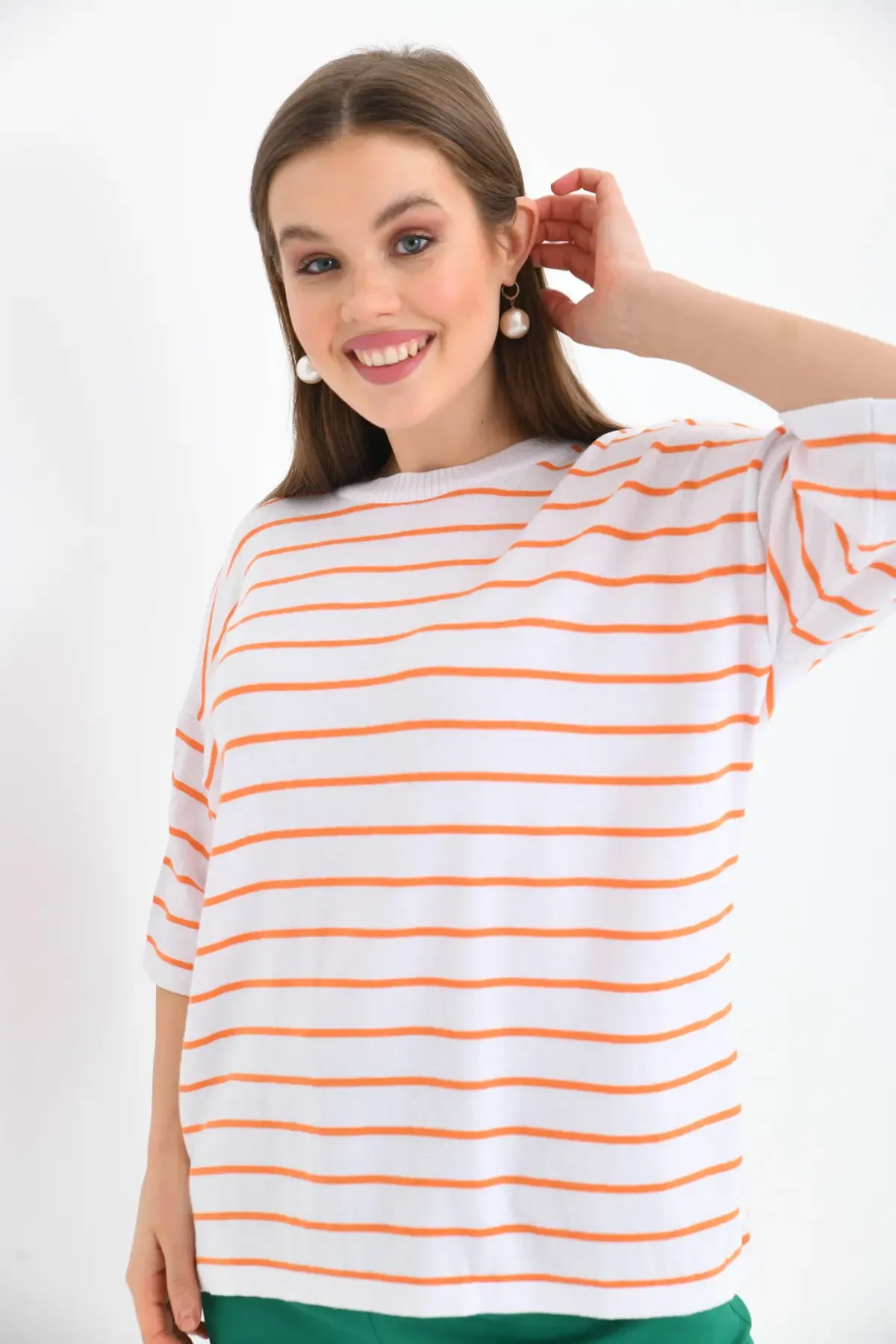 Kadın Polo Yaka Kısa Kol Çizgili Triko Kazak 10052.Ctn