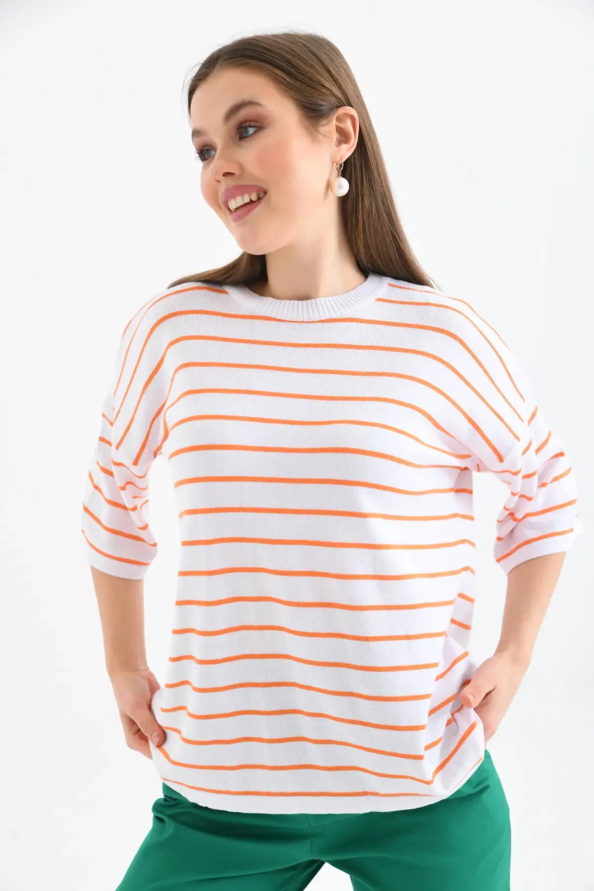 Kadın Polo Yaka Kısa Kol Çizgili Triko Kazak 10052.Ctn