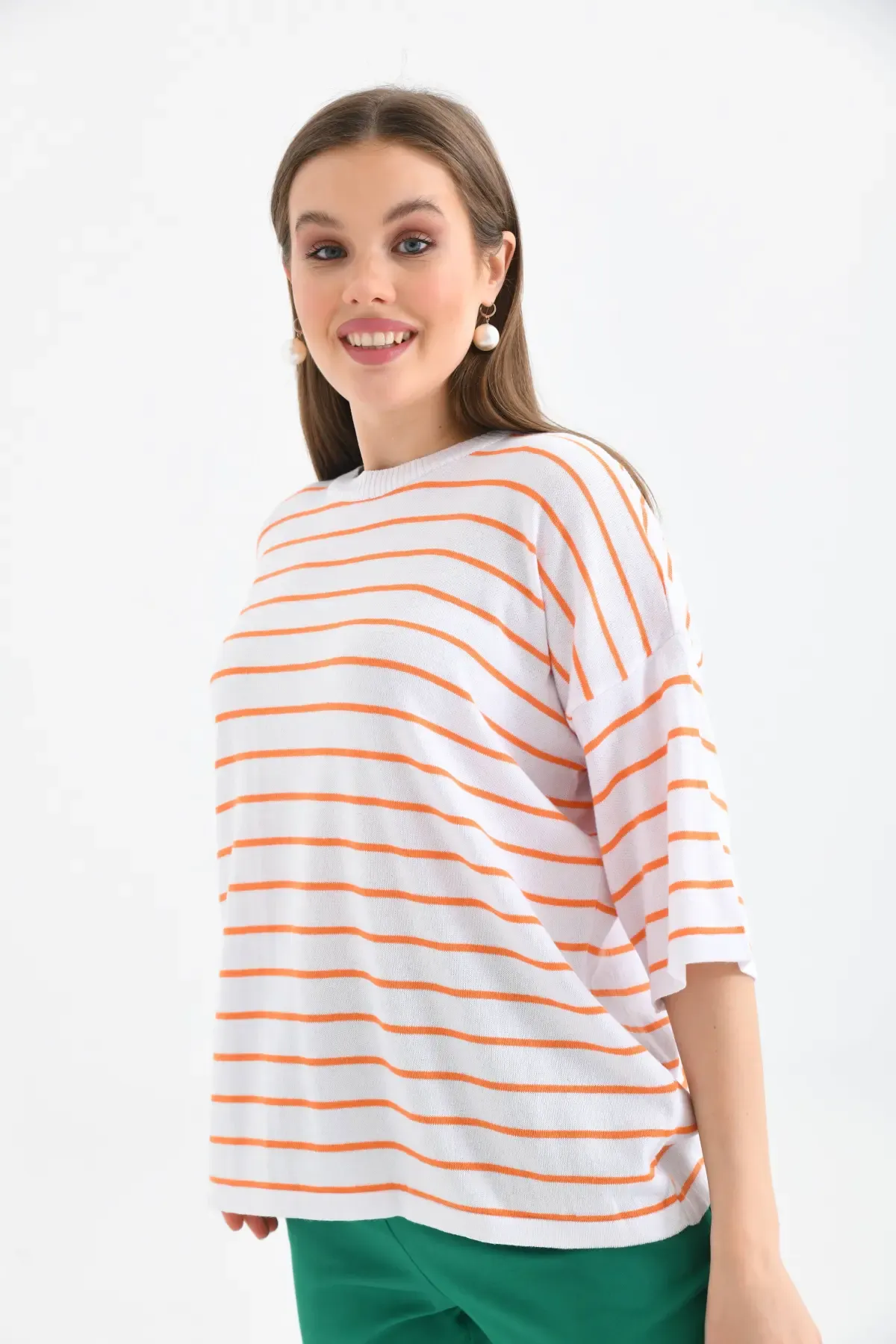 Kadın Polo Yaka Kısa Kol Çizgili Triko Kazak 10052.Ctn