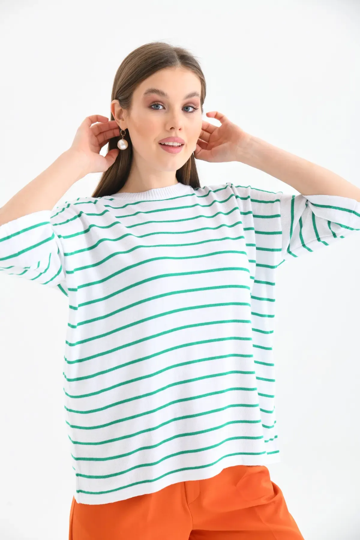 Kadın Polo Yaka Kısa Kol Çizgili Triko Kazak 10052.Ctn