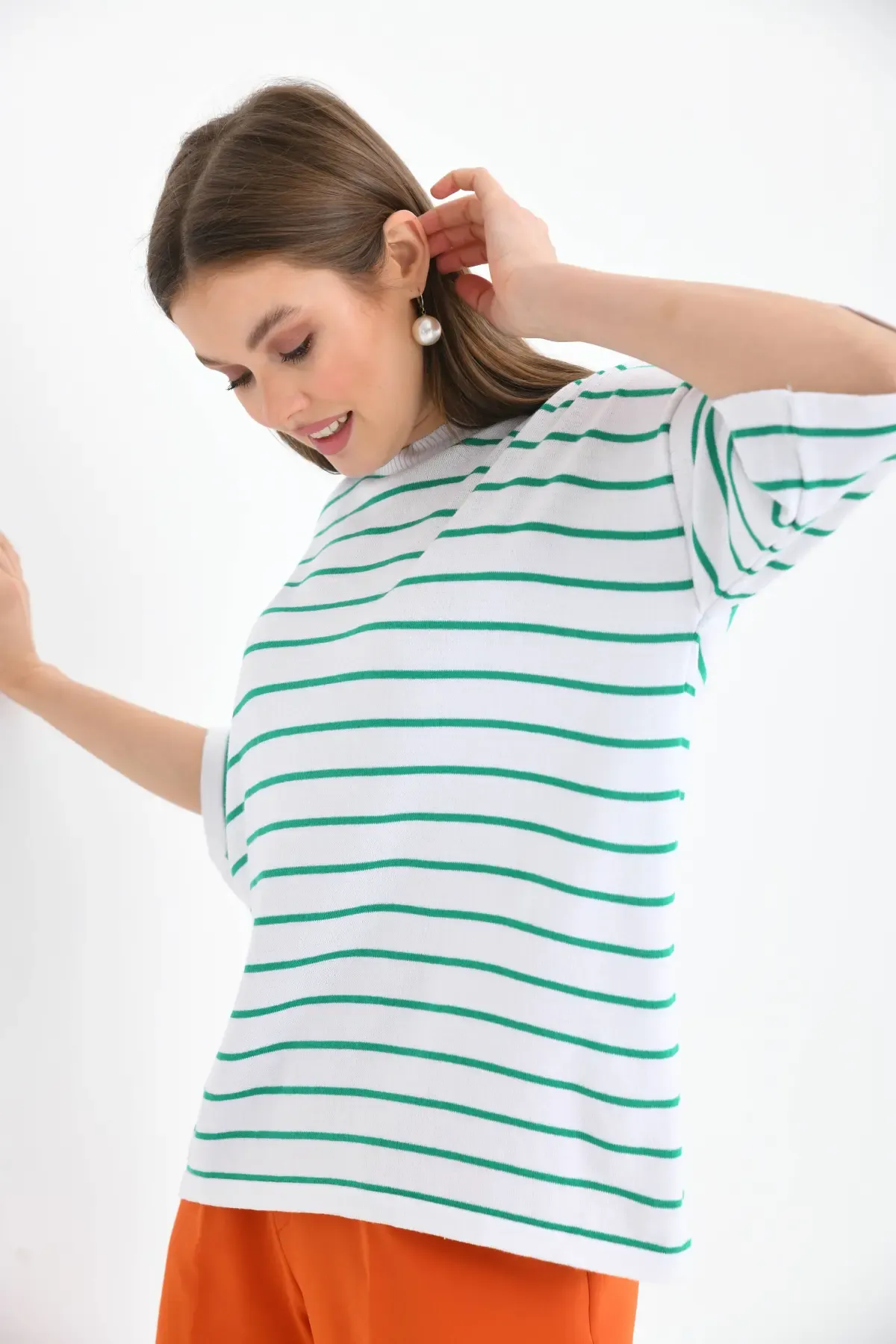 Kadın Polo Yaka Kısa Kol Çizgili Triko Kazak 10052.Ctn