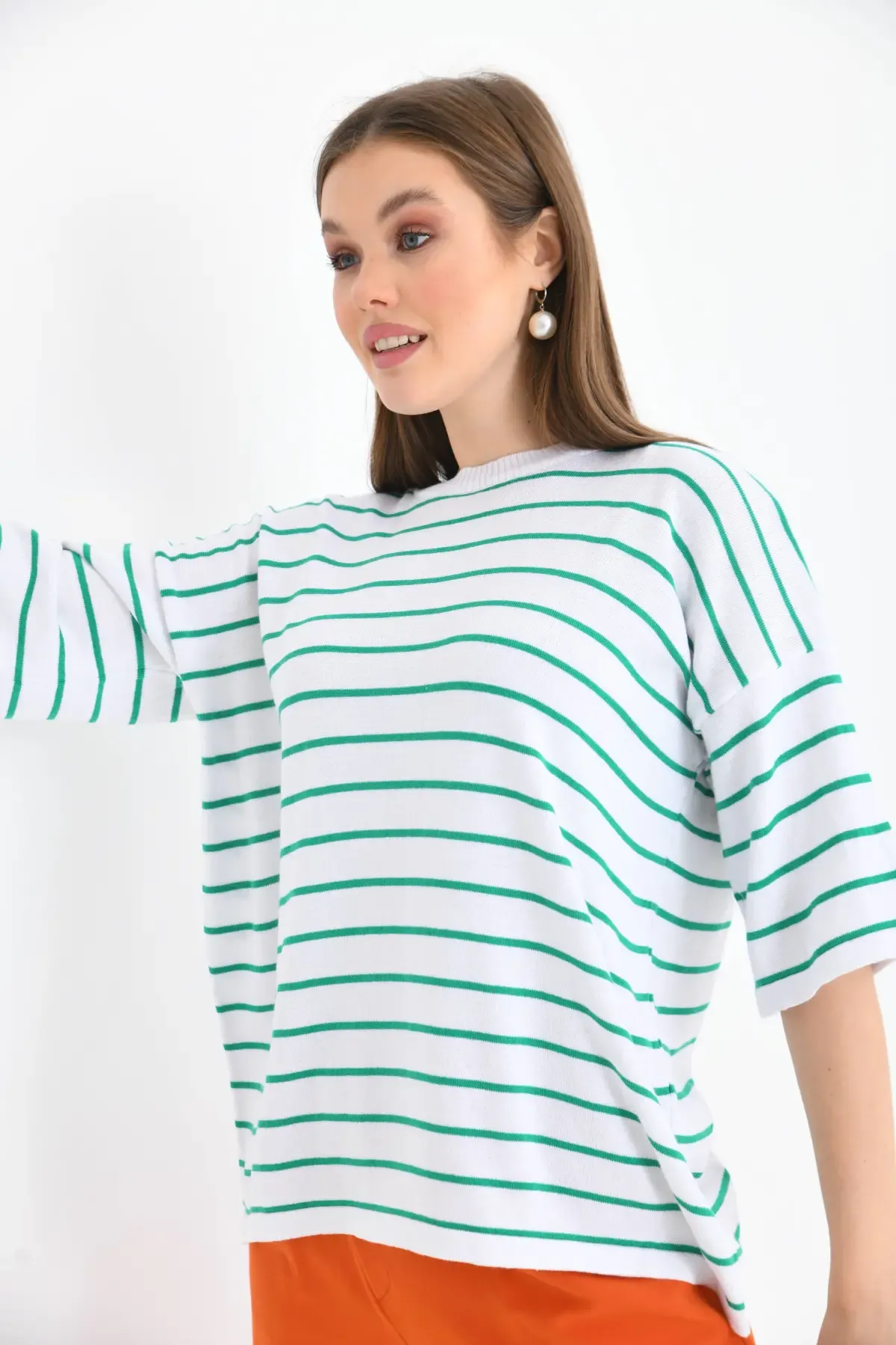 Kadın Polo Yaka Kısa Kol Çizgili Triko Kazak 10052.Ctn