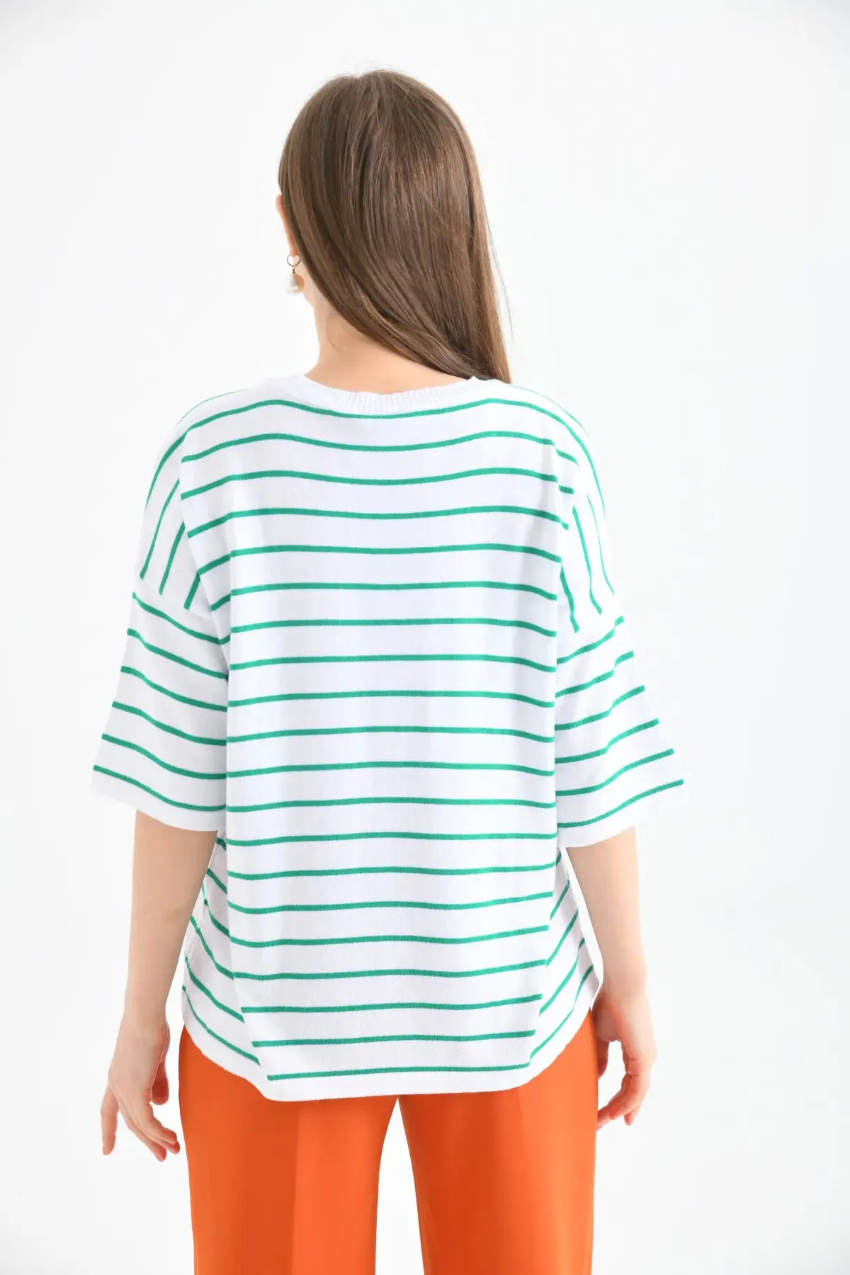 Kadın Polo Yaka Kısa Kol Çizgili Triko Kazak 10052.Ctn