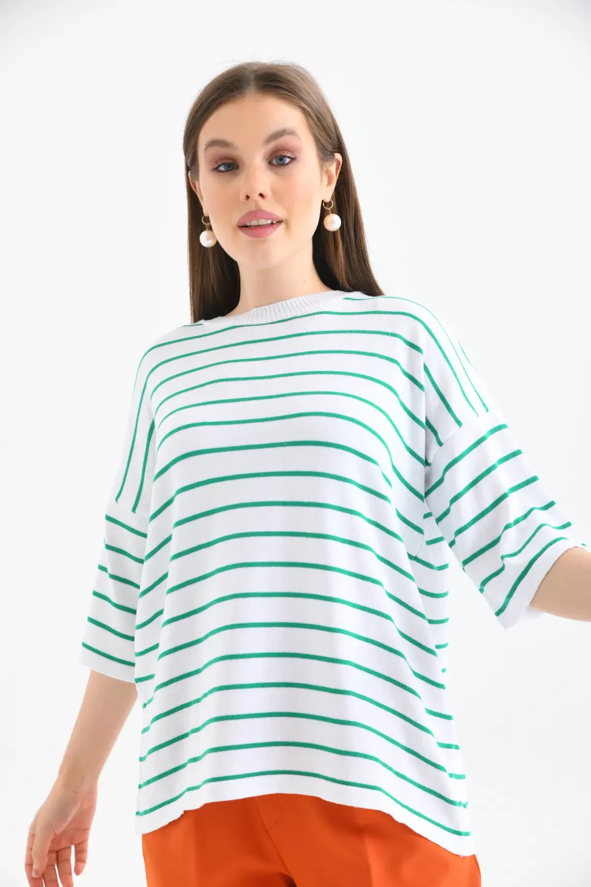 Kadın Polo Yaka Kısa Kol Çizgili Triko Kazak 10052.Ctn