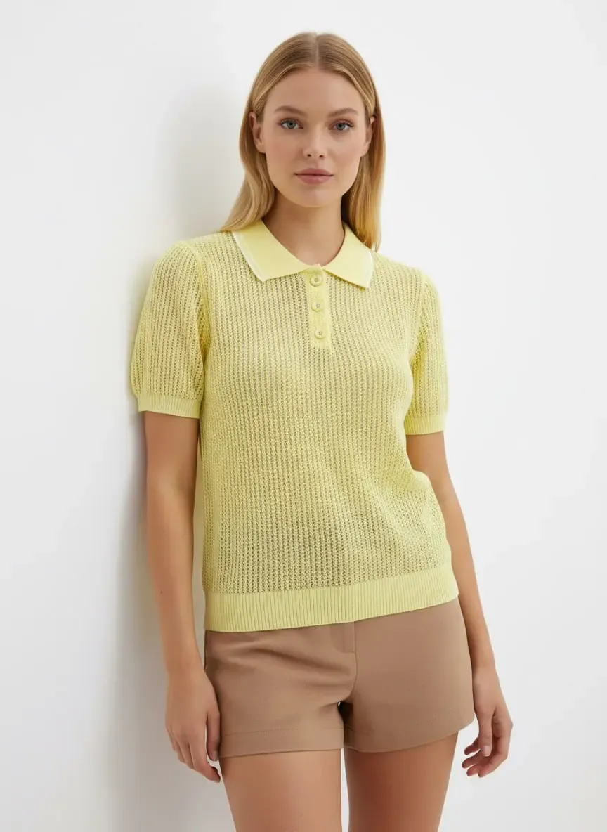 Kadın Polo Yaka Örgü Detay Düğmeli Triko Kazak 12468