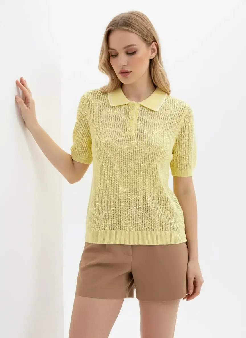 Kadın Polo Yaka Örgü Detay Düğmeli Triko Kazak 12468