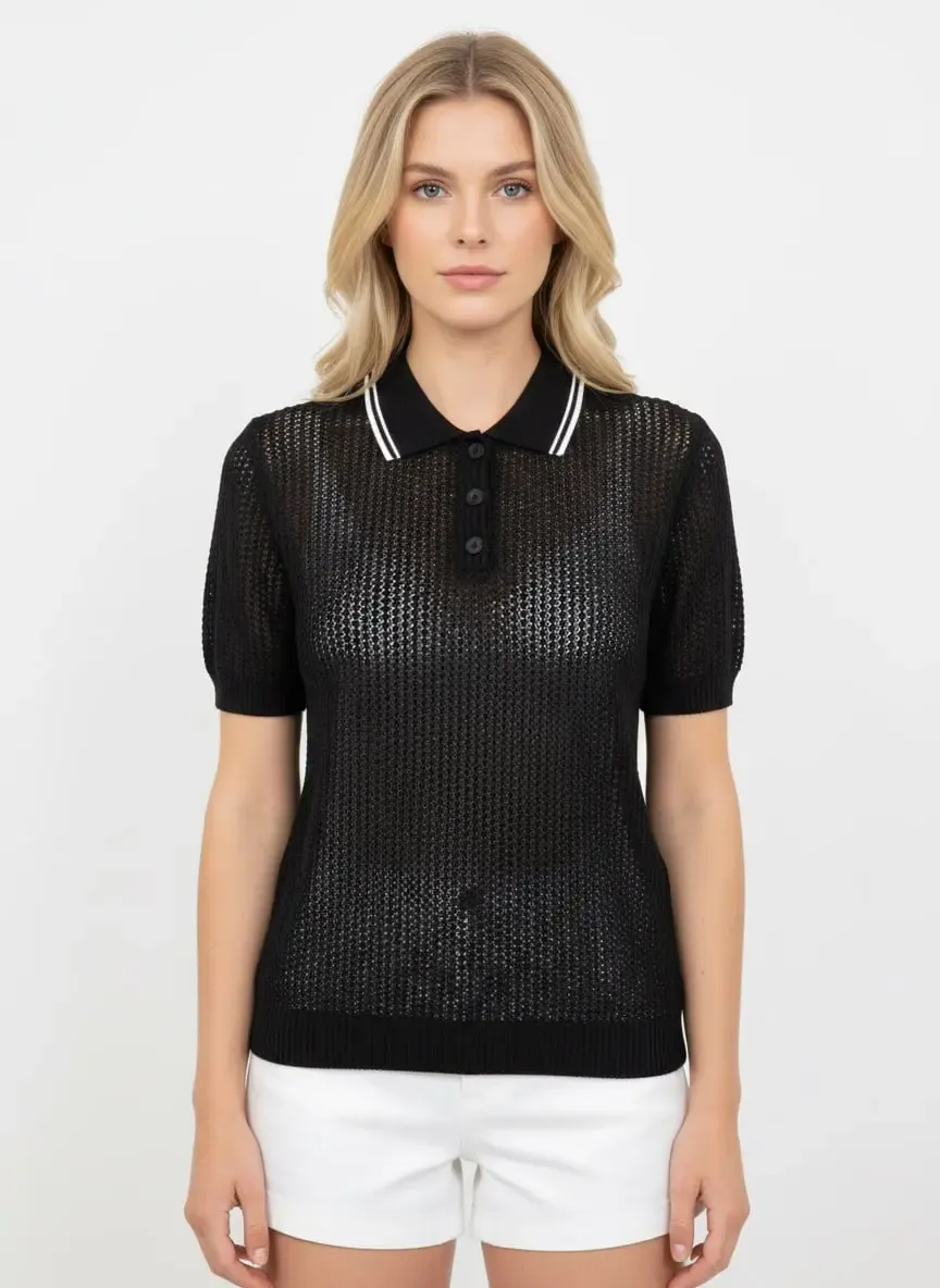 Kadın Polo Yaka Örgü Detay Düğmeli Triko Kazak 12468