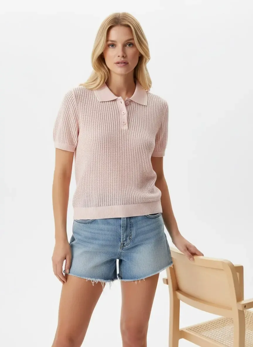 Kadın Polo Yaka Örgü Detay Düğmeli Triko Kazak 12468