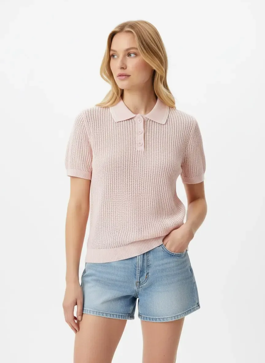 Kadın Polo Yaka Örgü Detay Düğmeli Triko Kazak 12468