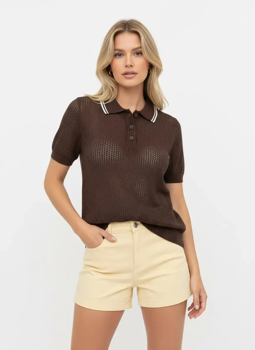 Kadın Polo Yaka Örgü Detay Düğmeli Triko Kazak 12468