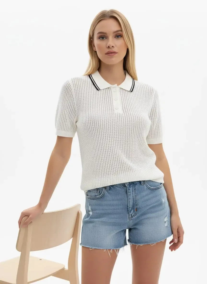 Kadın Polo Yaka Örgü Detay Düğmeli Triko Kazak 12468