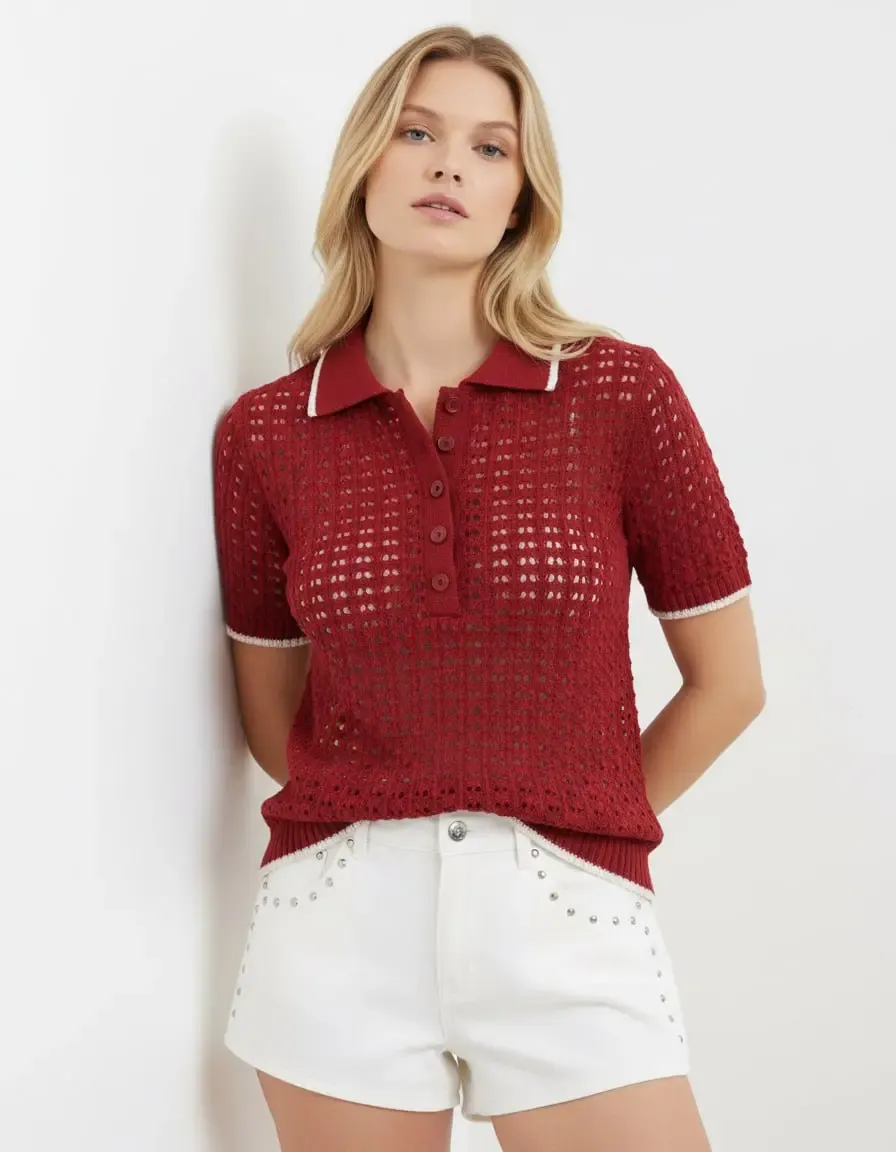 Kadın Polo Yaka Örgü Detay Düğmeli Triko Kazak 8717Sw