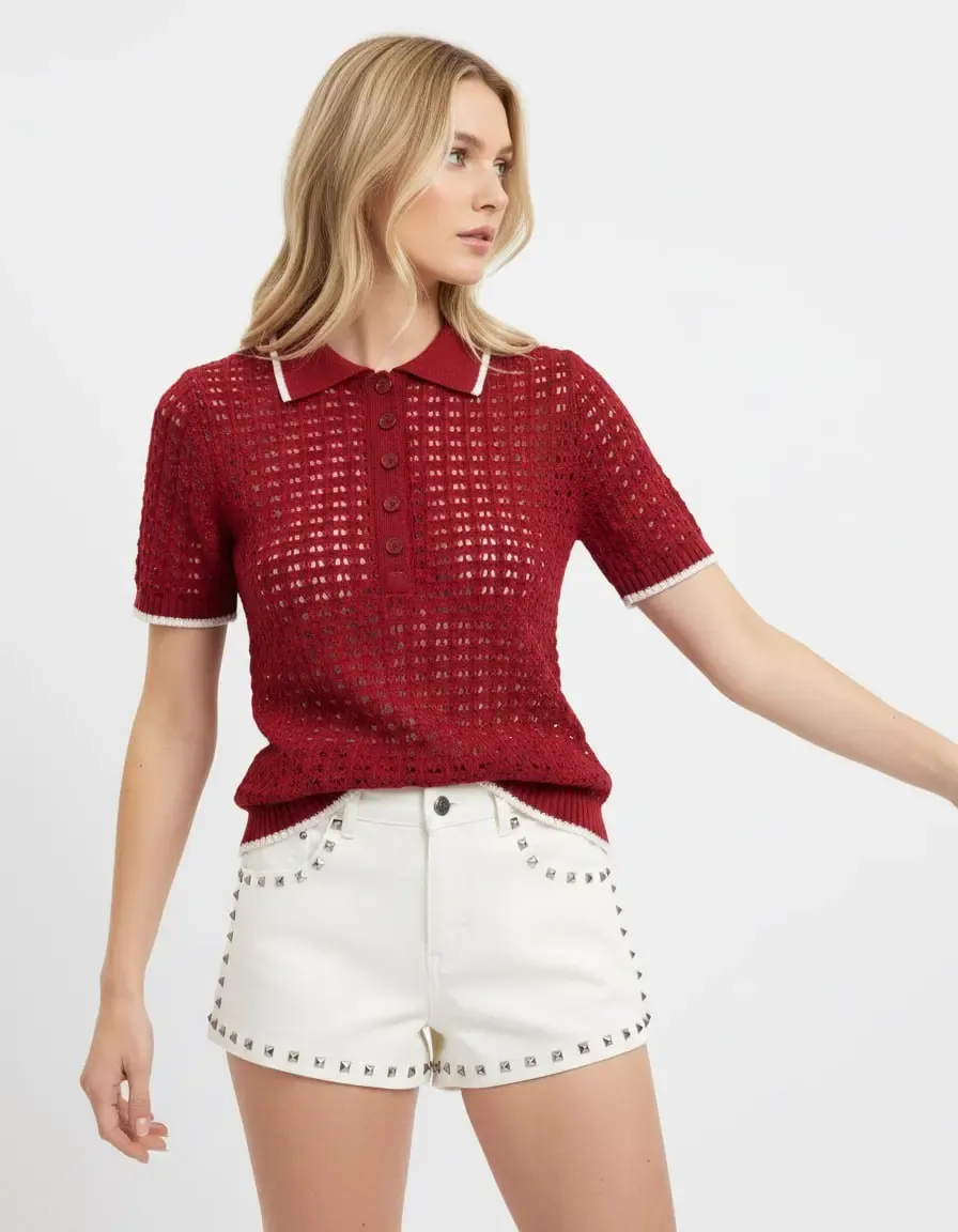 Kadın Polo Yaka Örgü Detay Düğmeli Triko Kazak 8717Sw