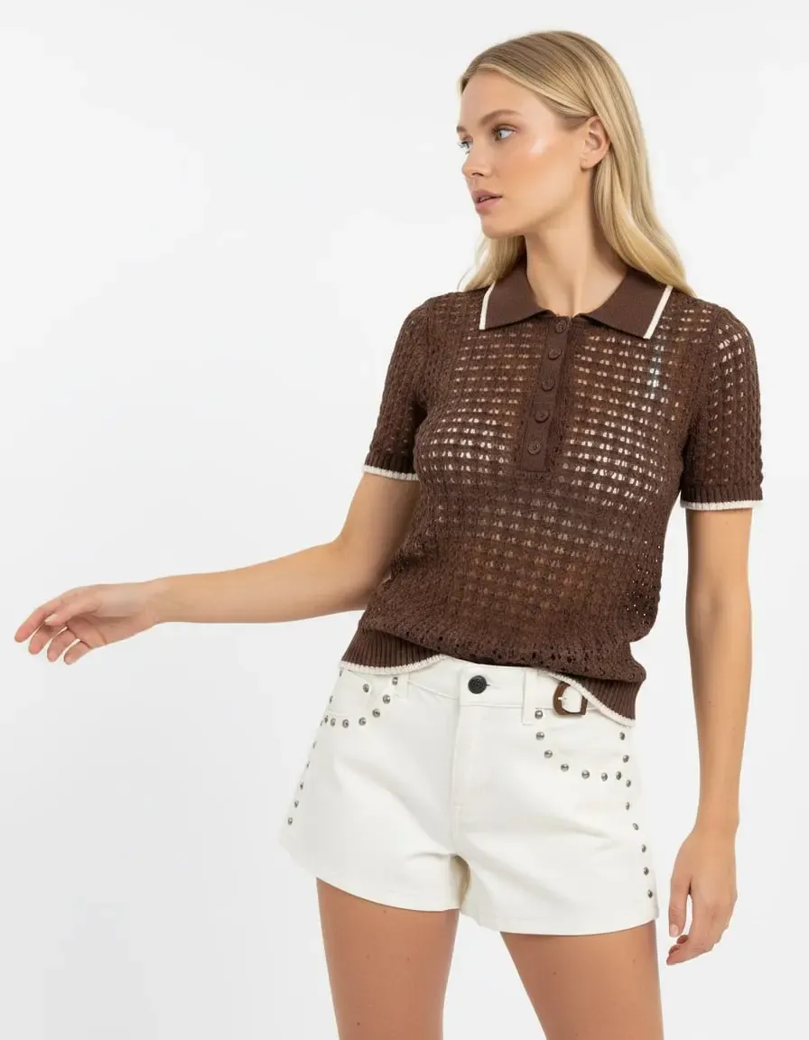 Kadın Polo Yaka Örgü Detay Düğmeli Triko Kazak 8717Sw