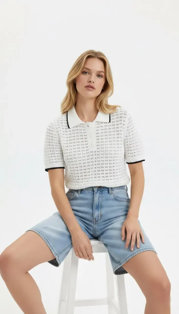 Kadın Polo Yaka Örgü Detay Düğmeli Triko Kazak 8717Sw