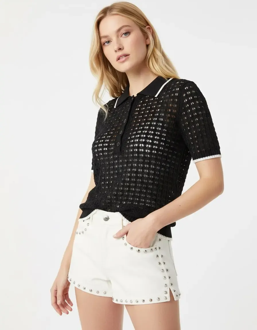 Kadın Polo Yaka Örgü Detay Düğmeli Triko Kazak 8717Sw