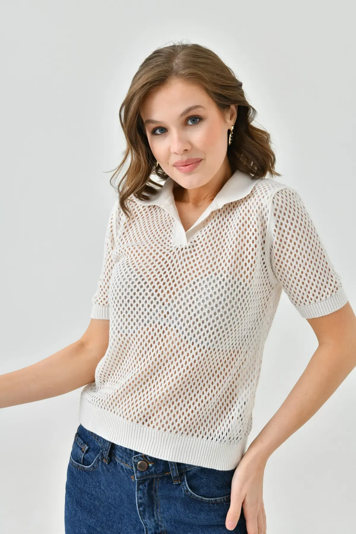 Kadın Polo Yaka Örgü Detay Triko Kazak 10707