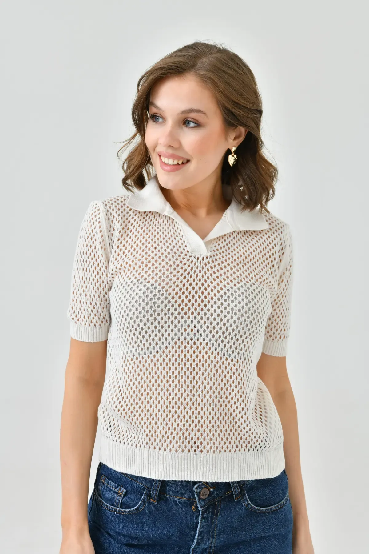 Kadın Polo Yaka Örgü Detay Triko Kazak 10707