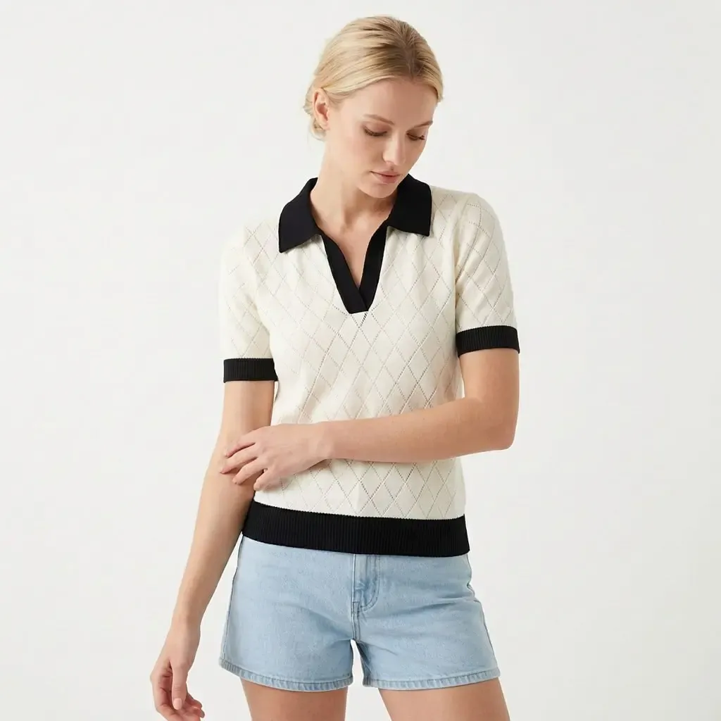 Kadın Polo Yaka Örgü Detay Triko Kazak 12481