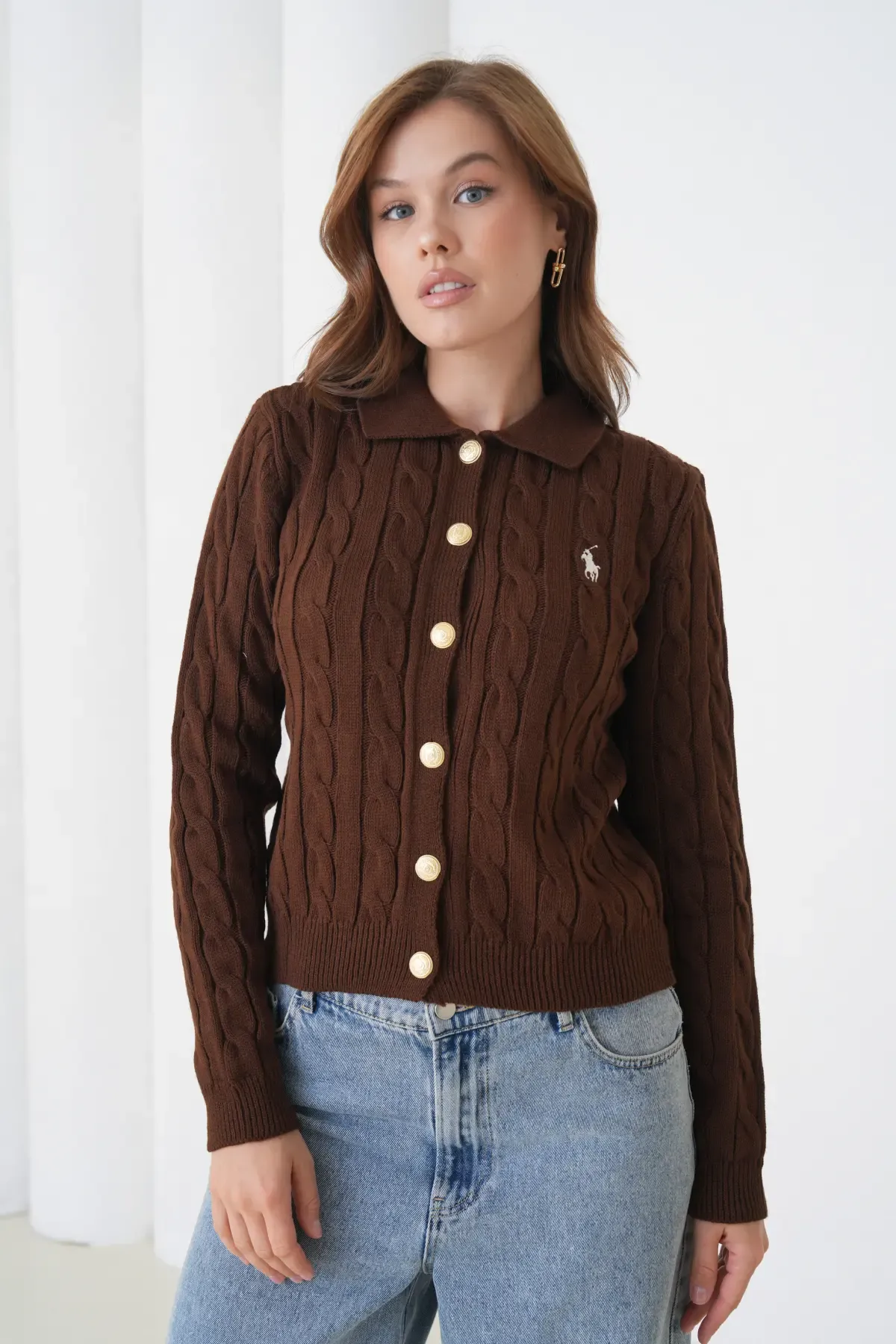 Kadın Polo Yaka Saç Örgü Düğme Detay Triko Hırka 8525Sw