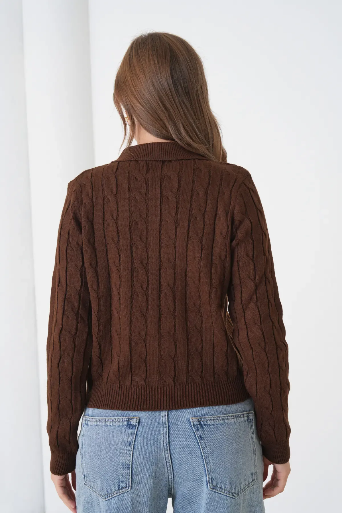 Kadın Polo Yaka Saç Örgü Düğme Detay Triko Hırka 8525Sw