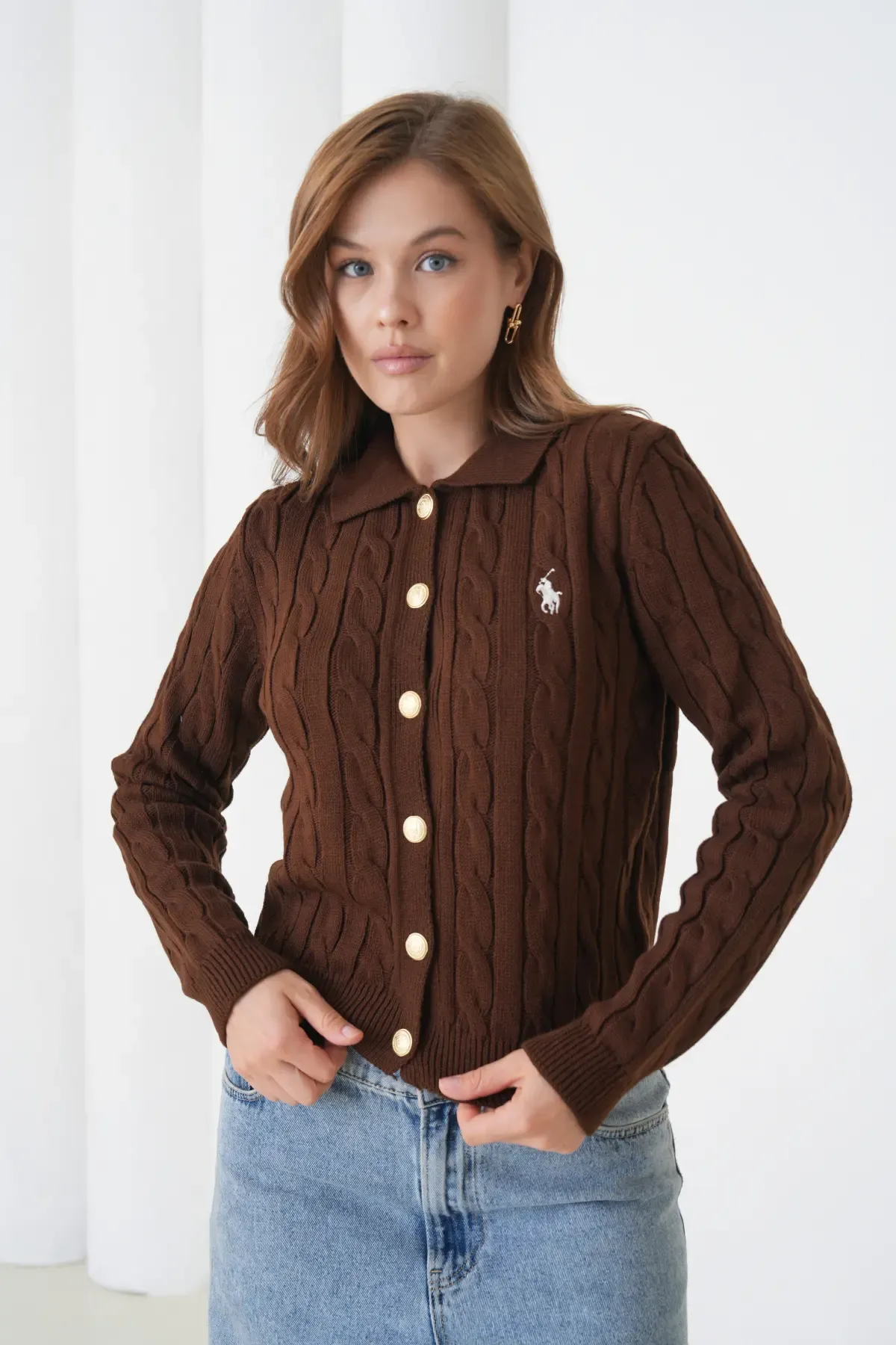 Kadın Polo Yaka Saç Örgü Düğme Detay Triko Hırka 8525Sw