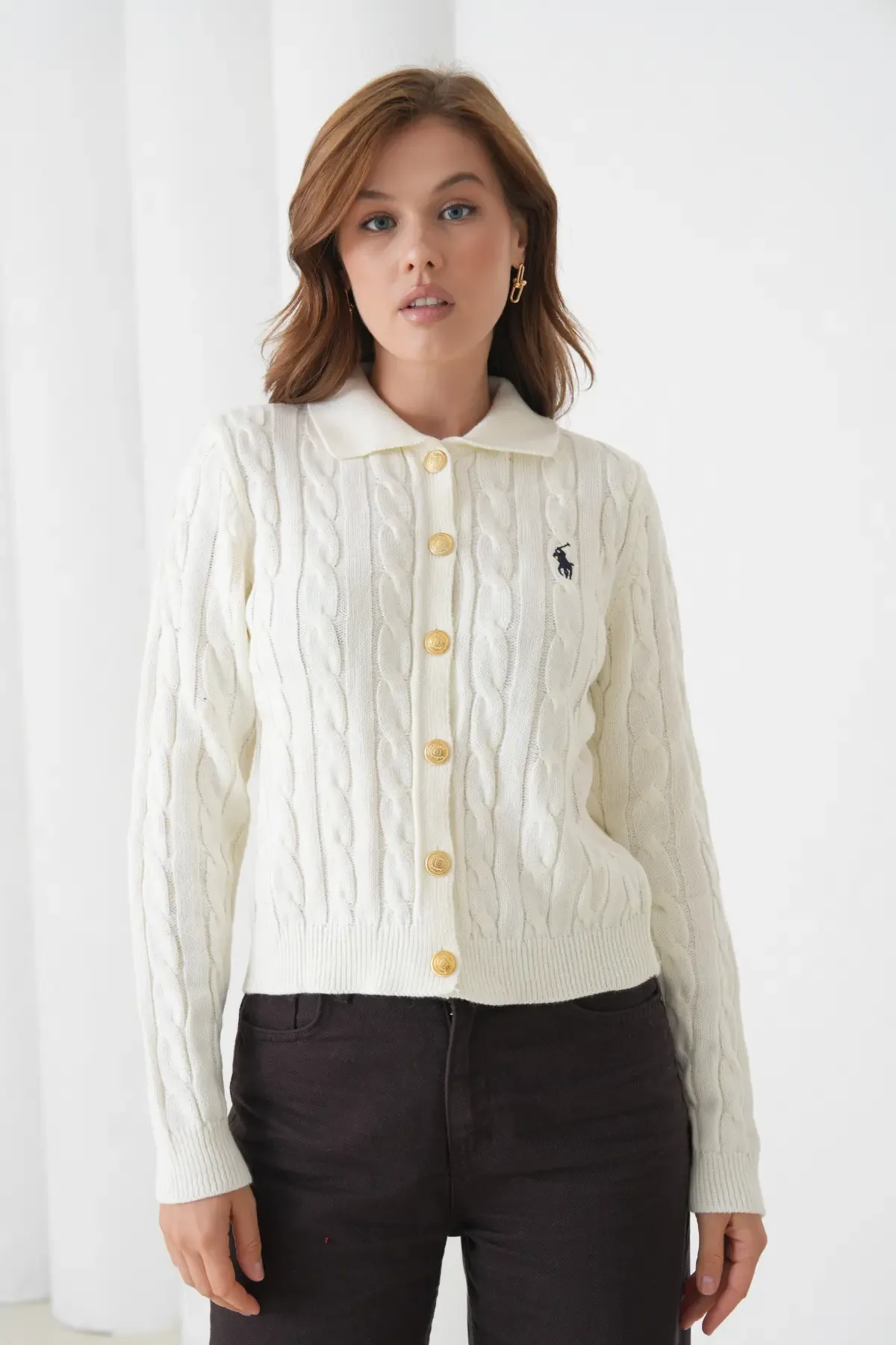 Kadın Polo Yaka Saç Örgü Düğme Detay Triko Hırka 8525Sw