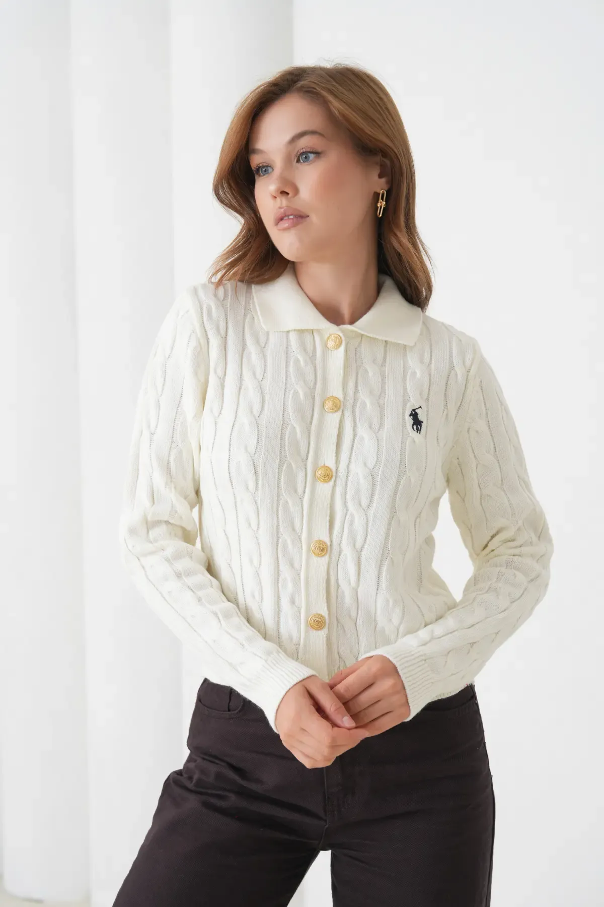 Kadın Polo Yaka Saç Örgü Düğme Detay Triko Hırka 8525Sw