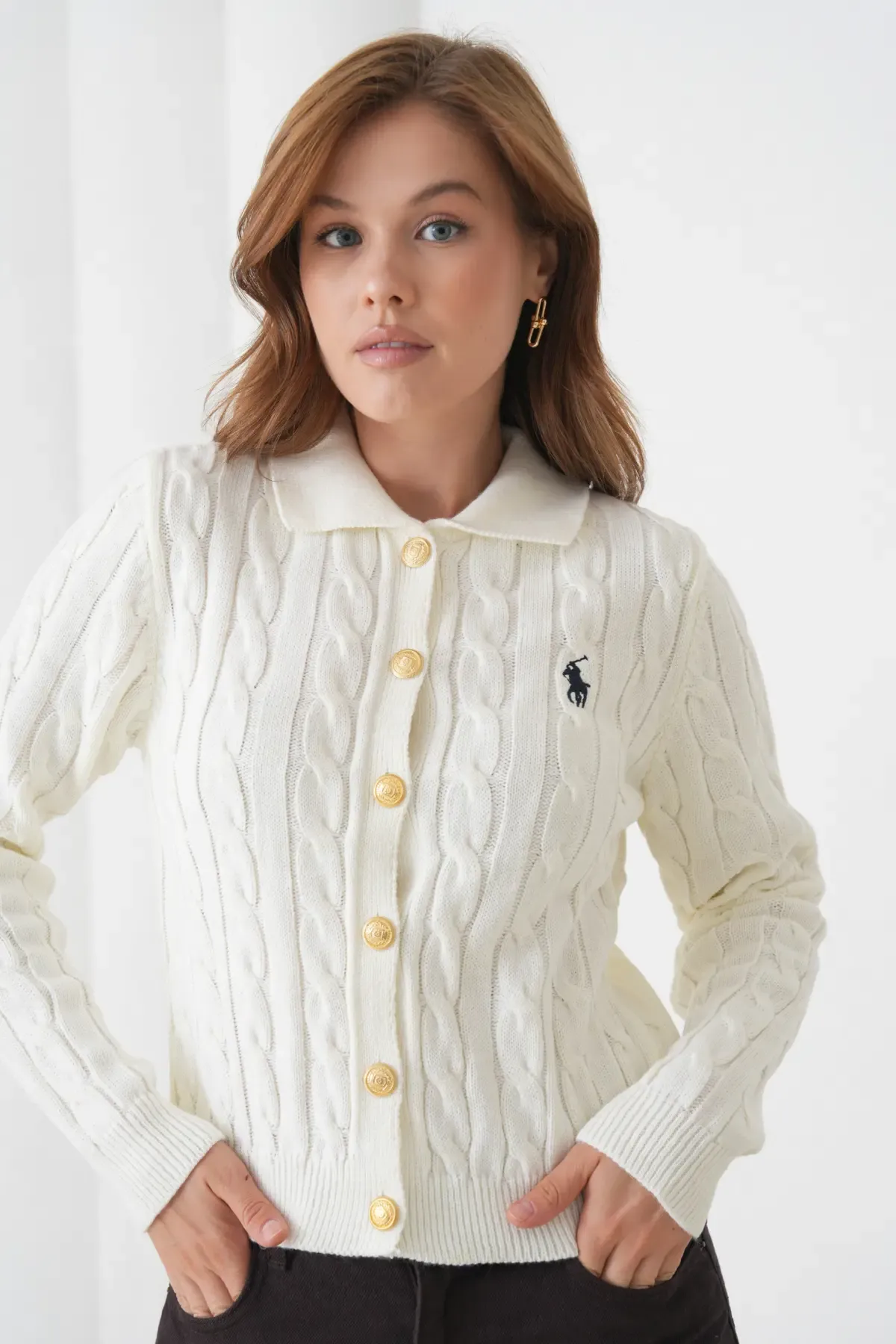 Kadın Polo Yaka Saç Örgü Düğme Detay Triko Hırka 8525Sw