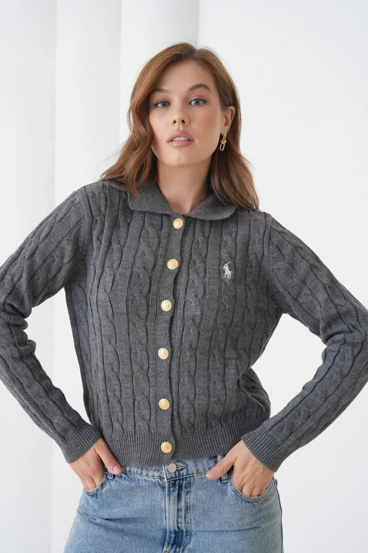 Kadın Polo Yaka Saç Örgü Düğme Detay Triko Hırka 8525Sw