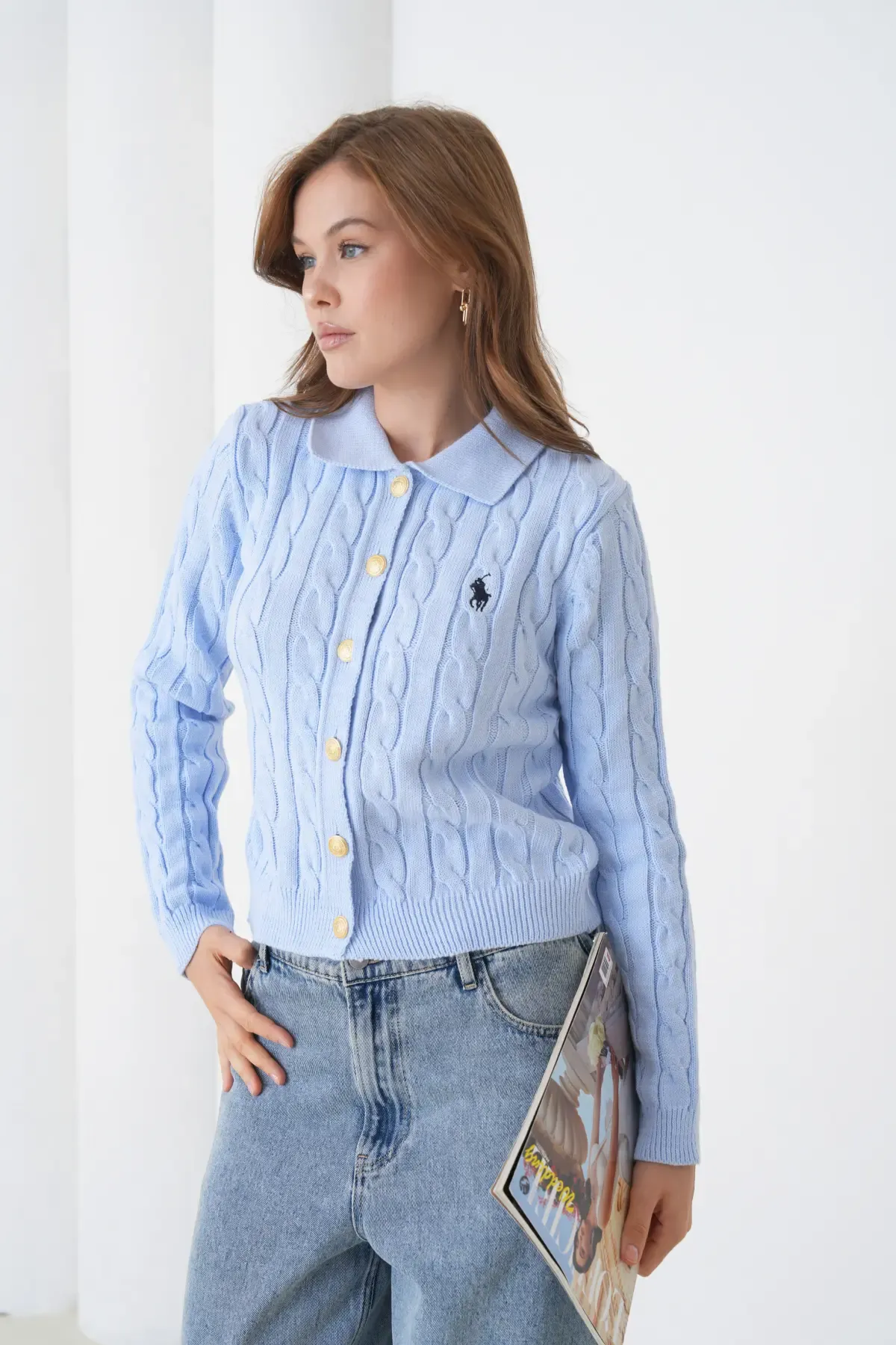 Kadın Polo Yaka Saç Örgü Düğme Detay Triko Hırka 8525Sw