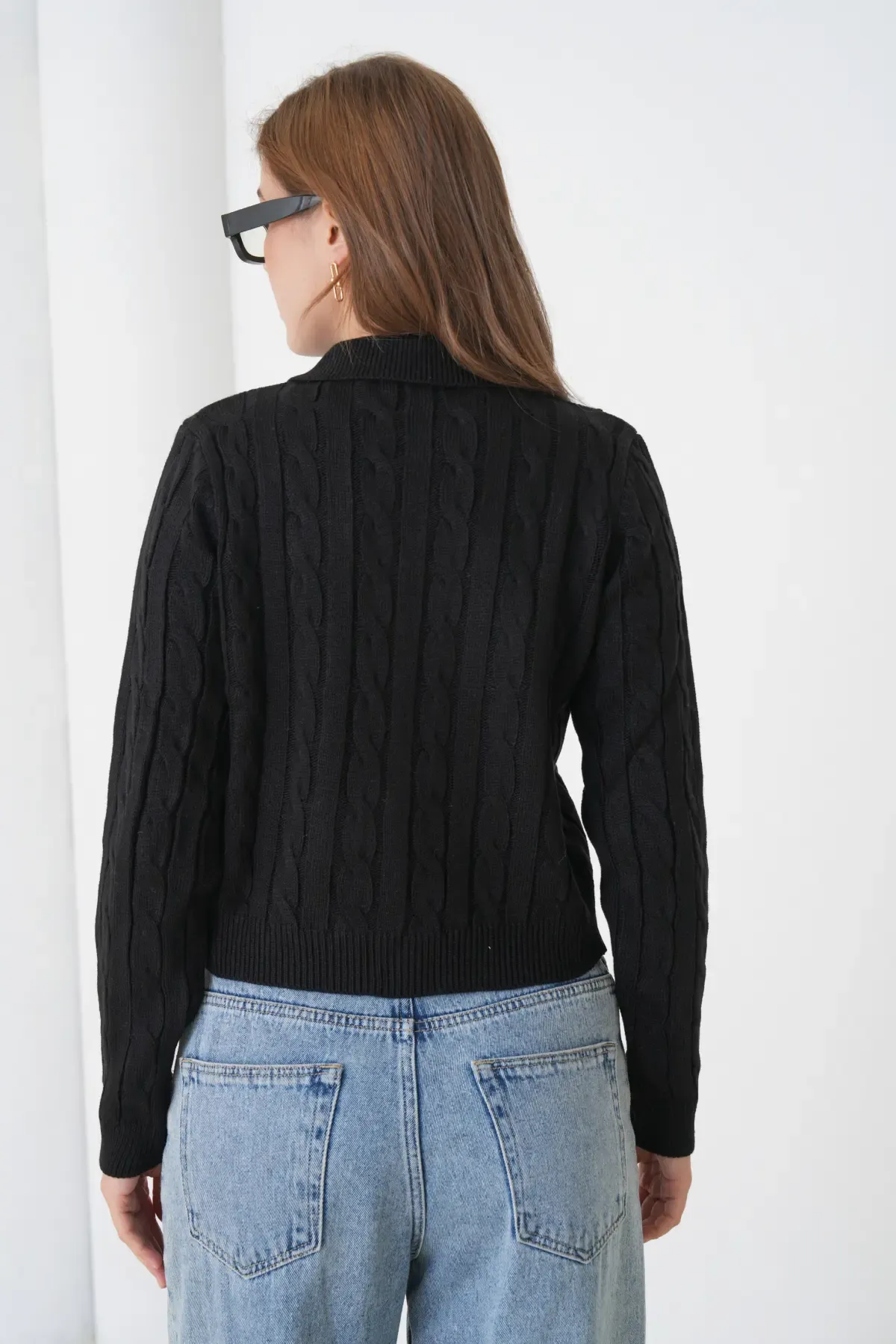 Kadın Polo Yaka Saç Örgü Düğme Detay Triko Hırka 8525Sw