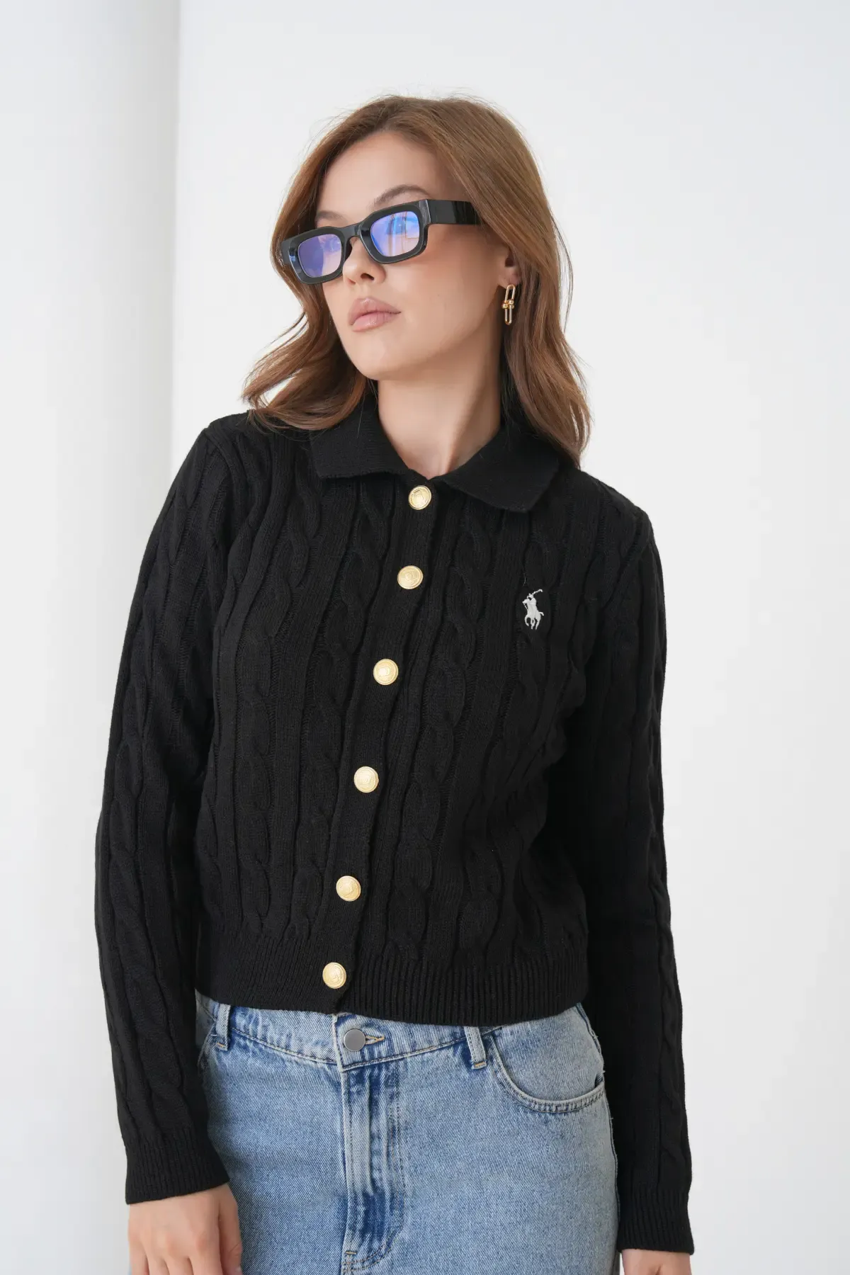 Kadın Polo Yaka Saç Örgü Düğme Detay Triko Hırka 8525Sw