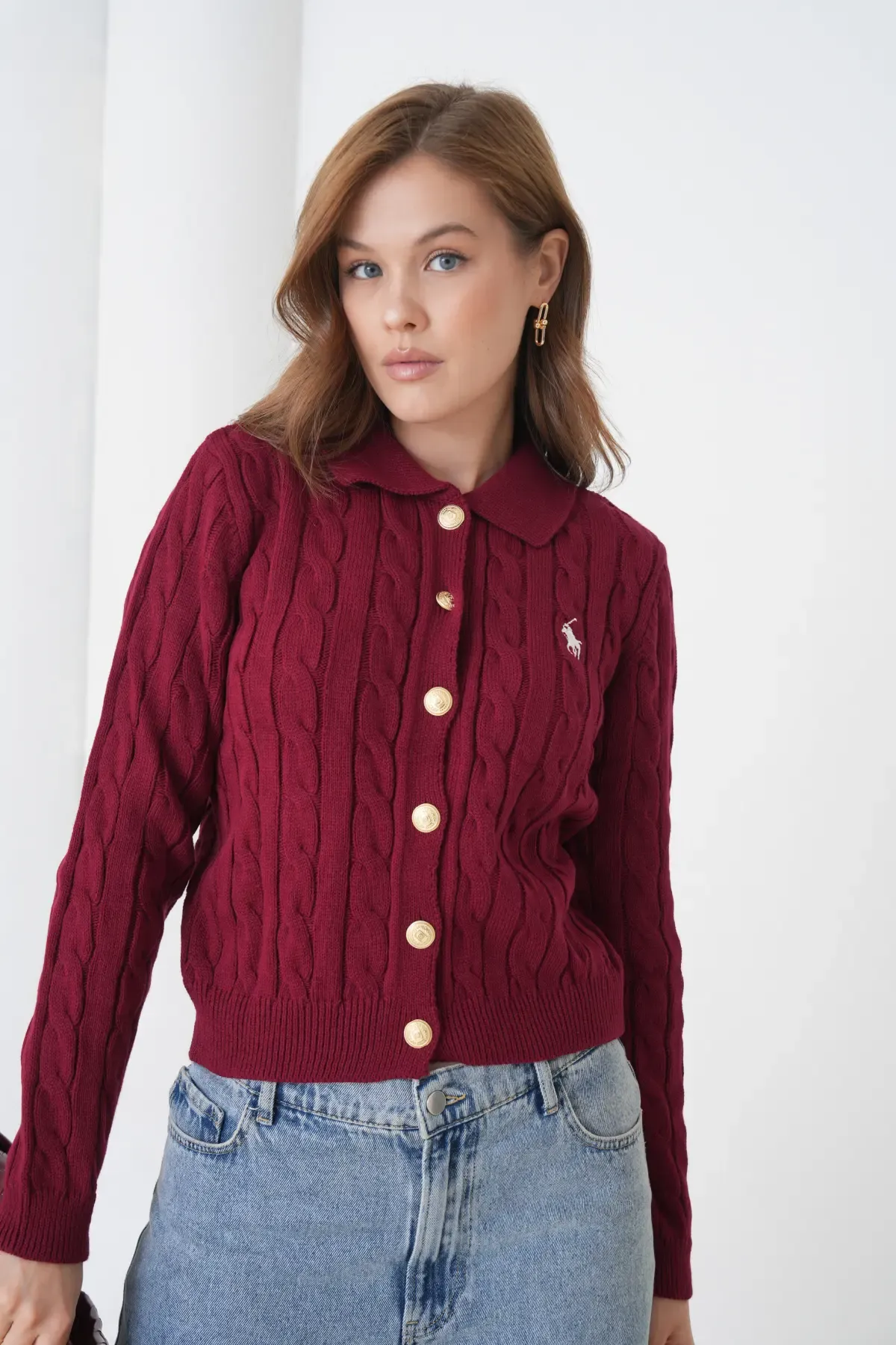 Kadın Polo Yaka Saç Örgü Düğme Detay Triko Hırka 8525Sw