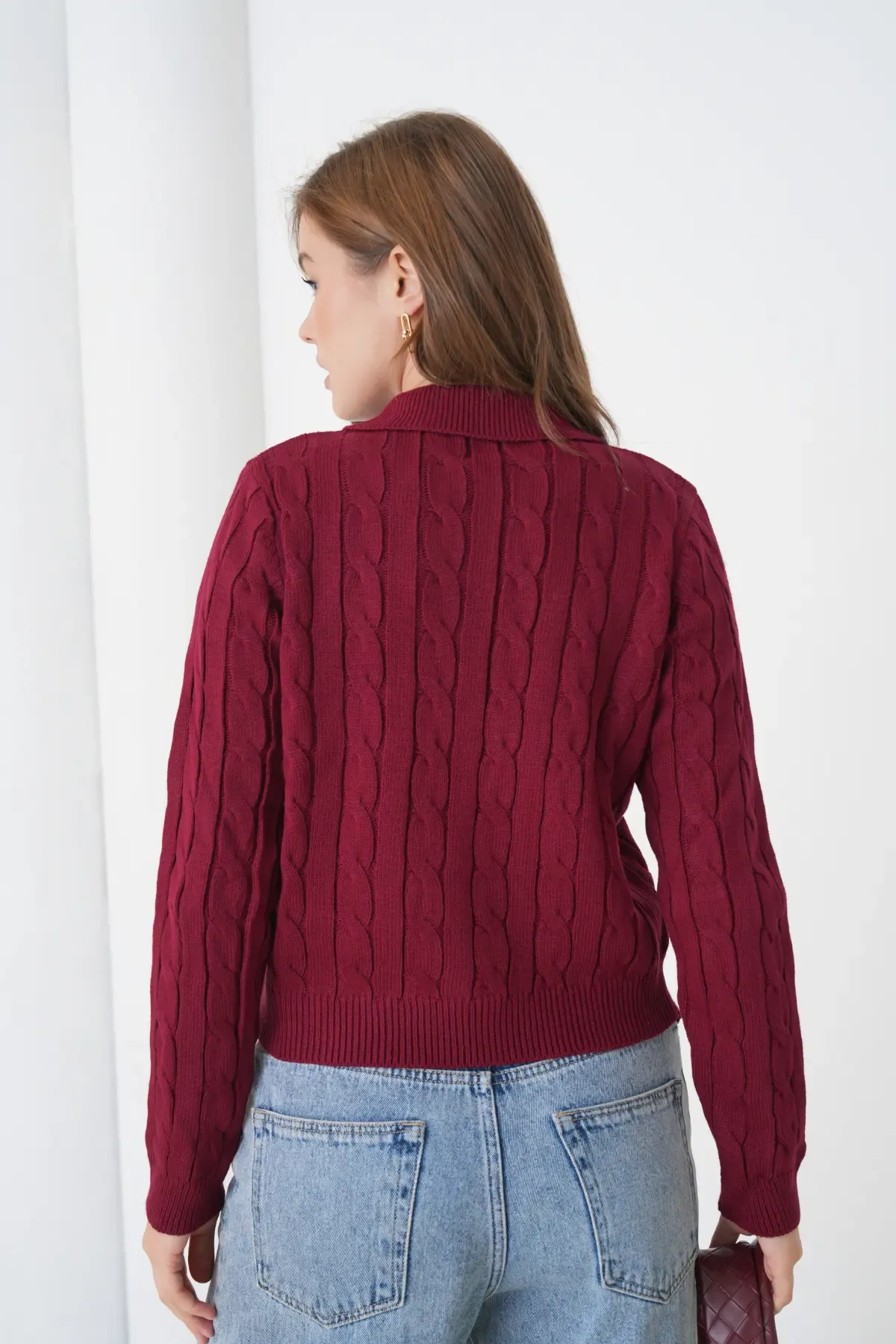 Kadın Polo Yaka Saç Örgü Düğme Detay Triko Hırka 8525Sw