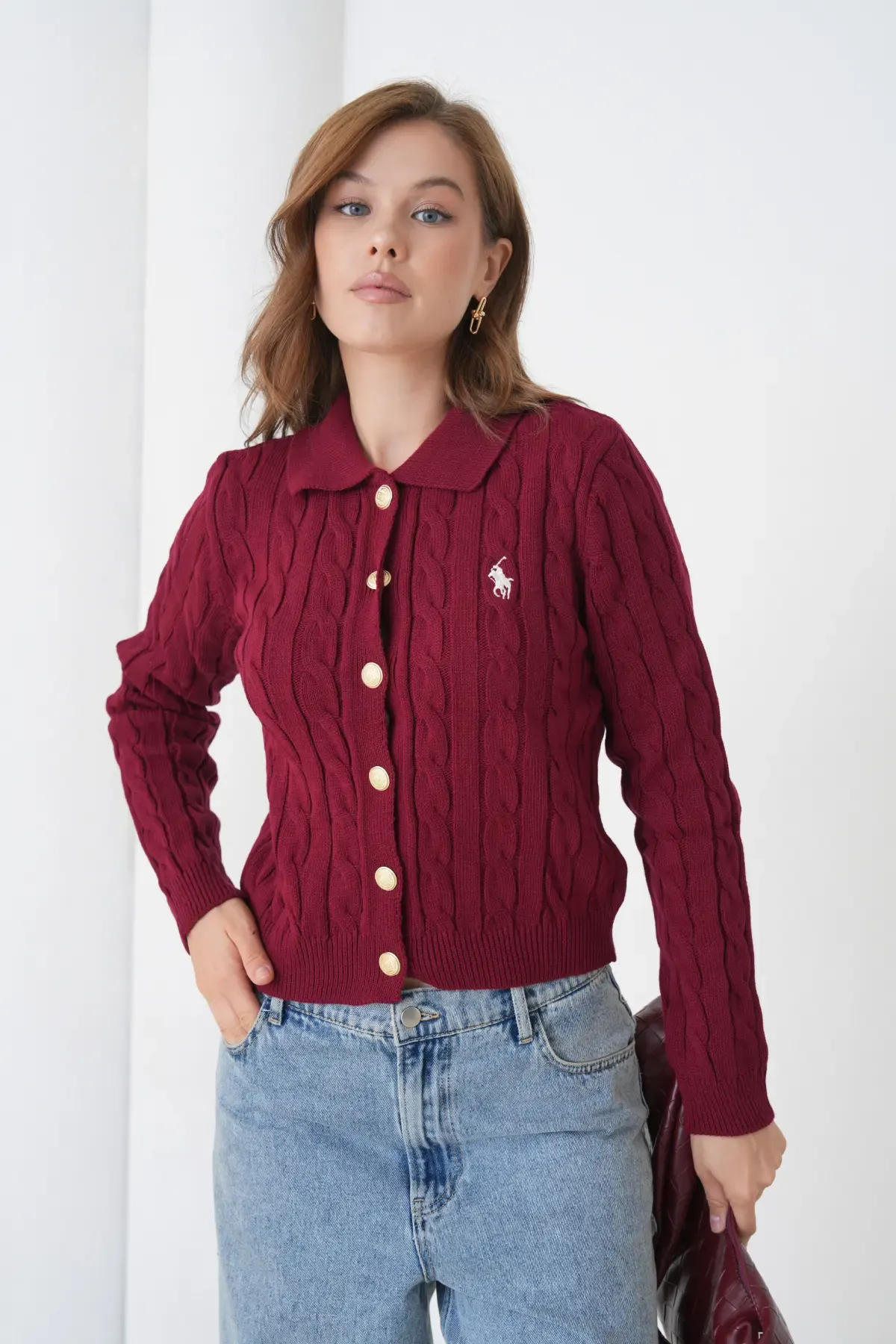 Kadın Polo Yaka Saç Örgü Düğme Detay Triko Hırka 8525Sw