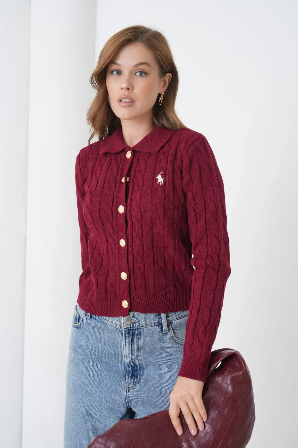 Kadın Polo Yaka Saç Örgü Düğme Detay Triko Hırka 8525Sw