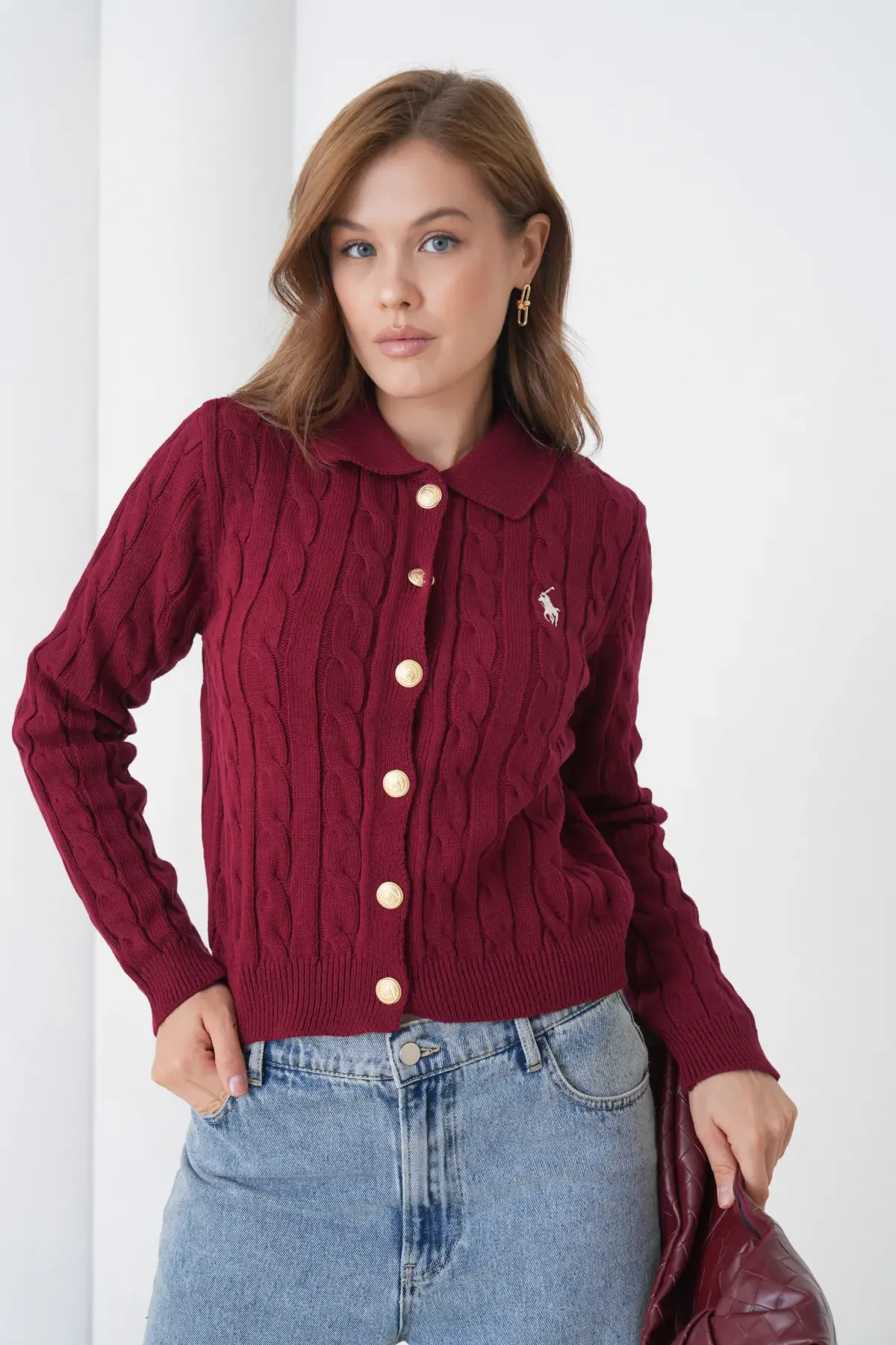 Kadın Polo Yaka Saç Örgü Düğme Detay Triko Hırka 8525Sw