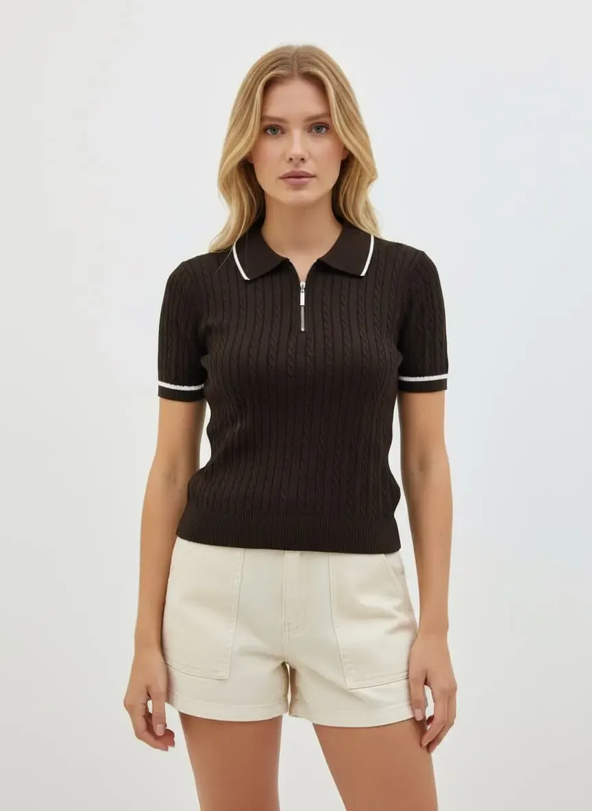 Kadın Polo Yaka Saç Örgü Fermuar Detay Detay Triko Kazak 12441