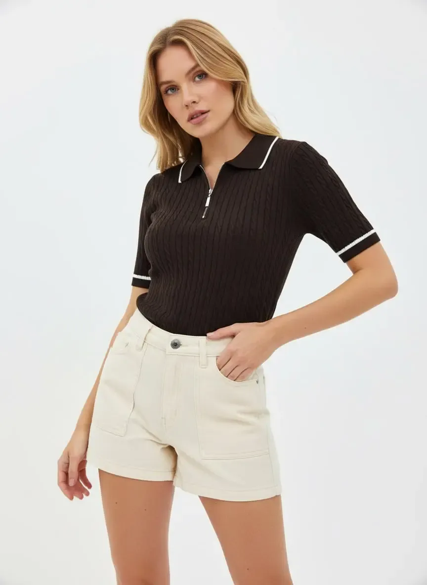 Kadın Polo Yaka Saç Örgü Fermuar Detay Detay Triko Kazak 12441