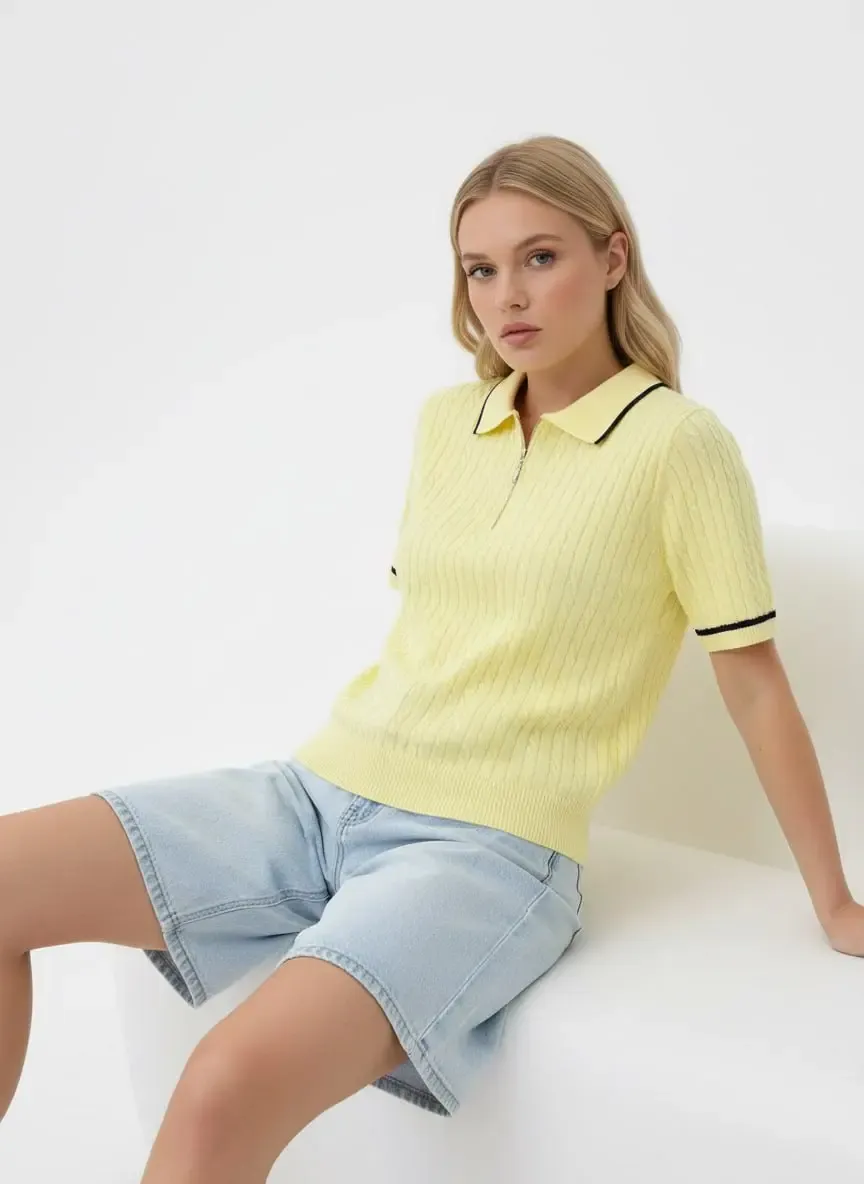 Kadın Polo Yaka Saç Örgü Fermuar Detay Detay Triko Kazak 12441