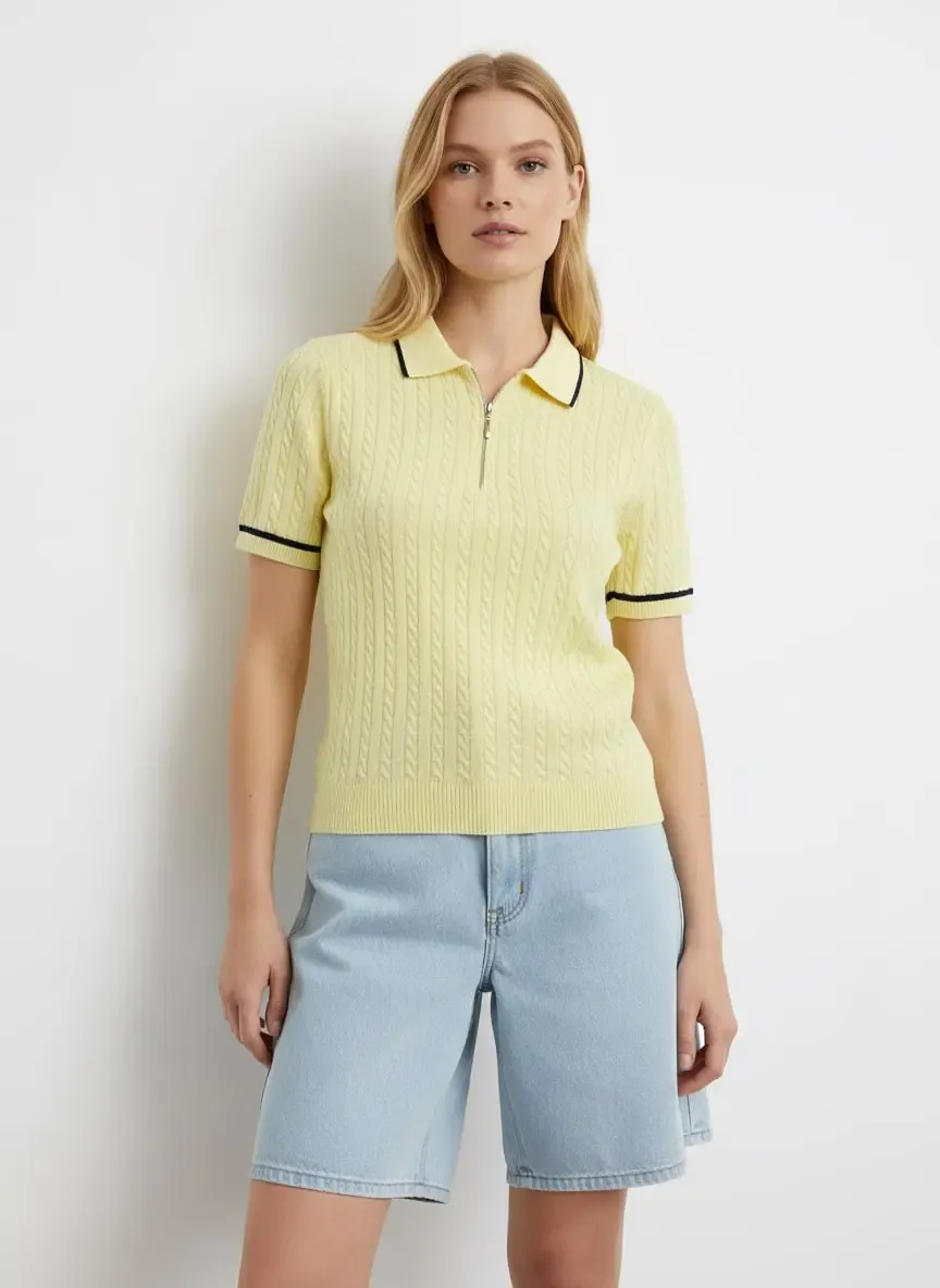 Kadın Polo Yaka Saç Örgü Fermuar Detay Detay Triko Kazak 12441