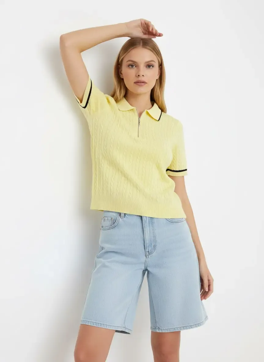 Kadın Polo Yaka Saç Örgü Fermuar Detay Detay Triko Kazak 12441