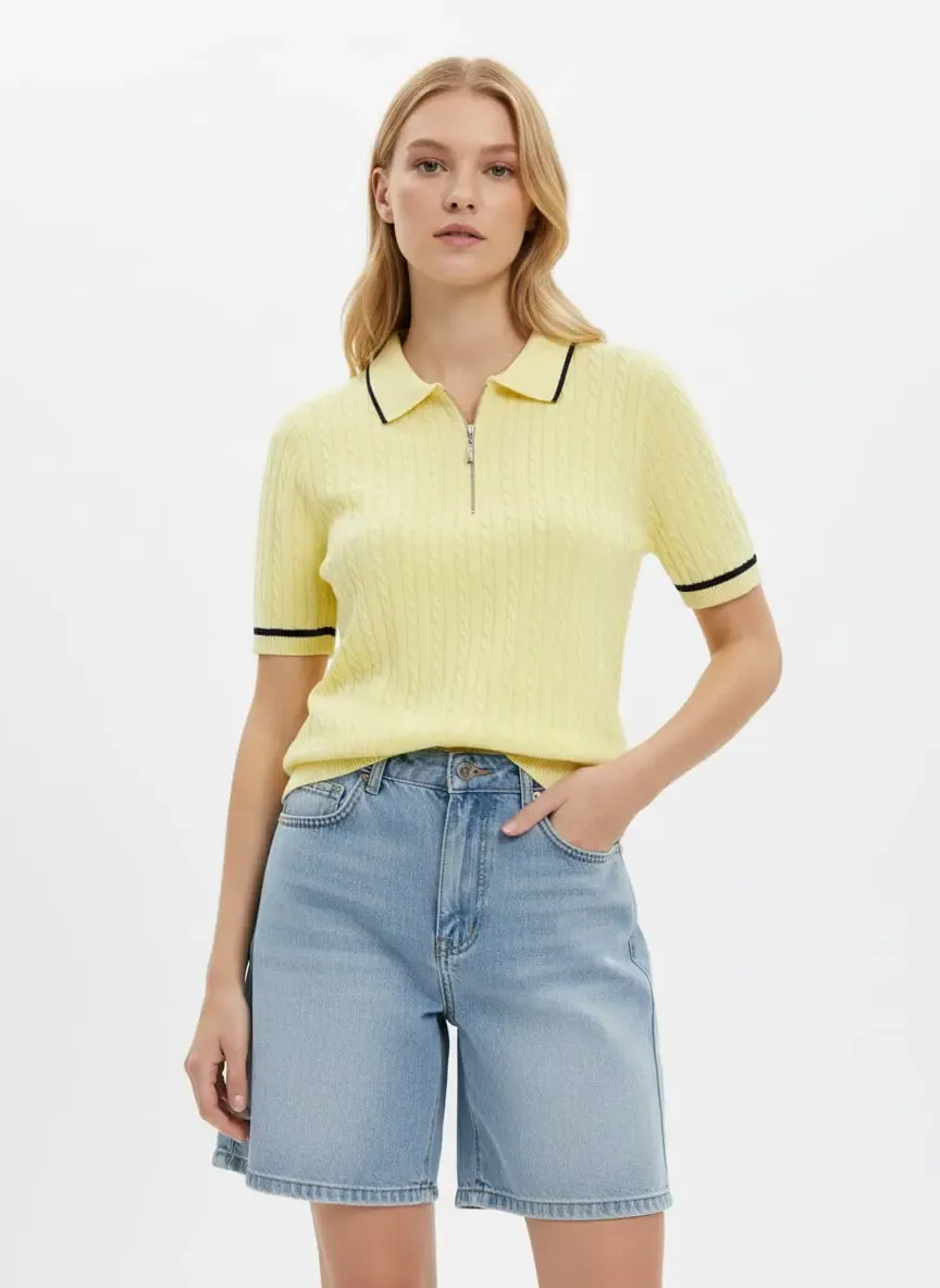 Kadın Polo Yaka Saç Örgü Fermuar Detay Detay Triko Kazak 12441