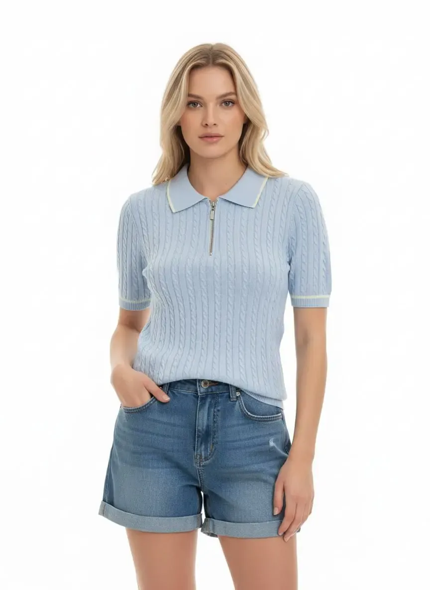 Kadın Polo Yaka Saç Örgü Fermuar Detay Detay Triko Kazak 12441