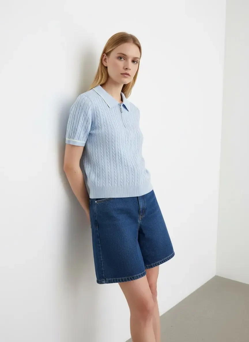 Kadın Polo Yaka Saç Örgü Fermuar Detay Detay Triko Kazak 12441